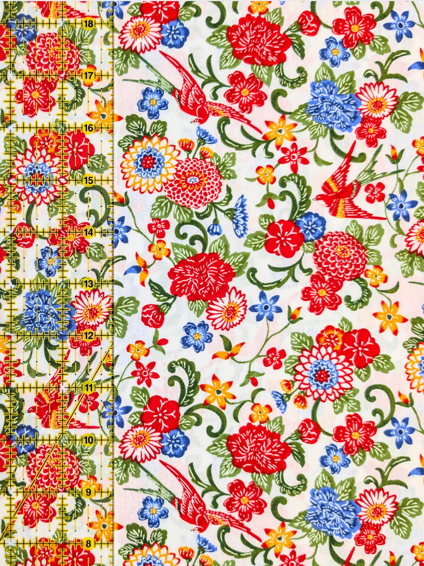 Cosmo - Parrots & Tropical Flowers Cotton Broadcloth Fabric - White