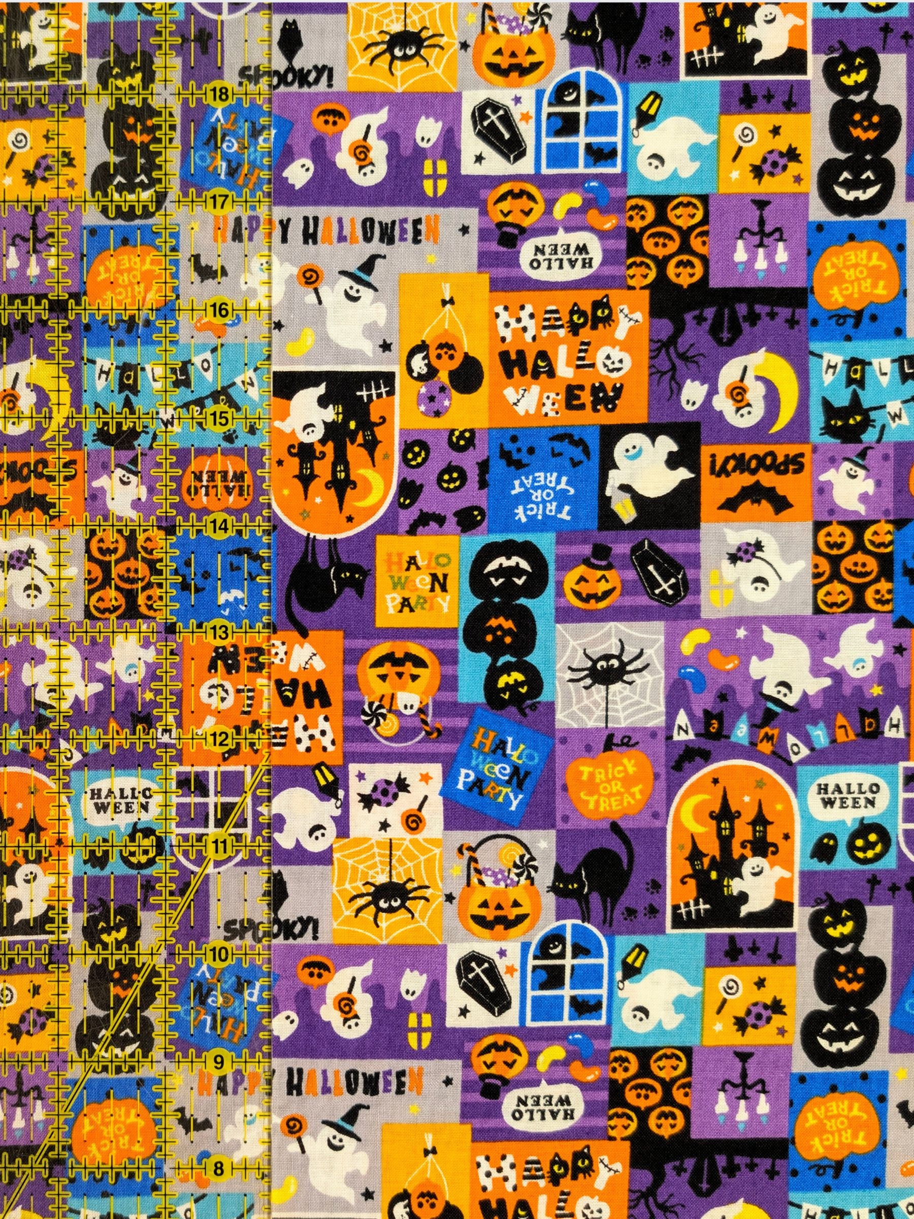 Cosmo - Cute Halloween Patchwork Cotton Shirting Fabric - Purple, Blue & Orange