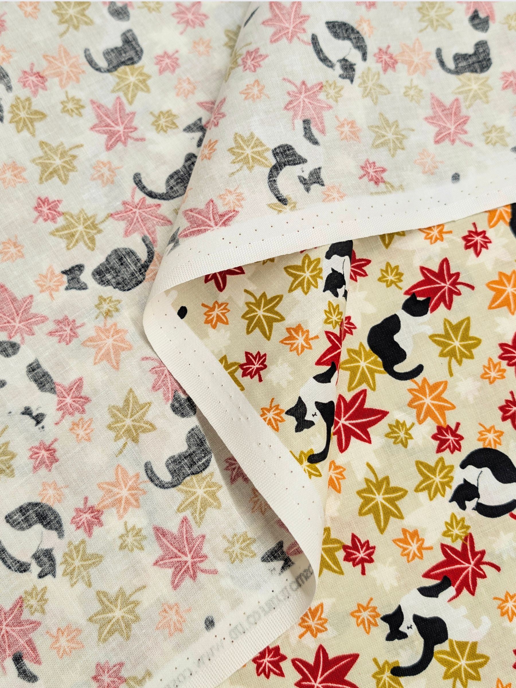 Cosmo - Maple Leaves & Cats Cotton Sheeting Fabric - Beige