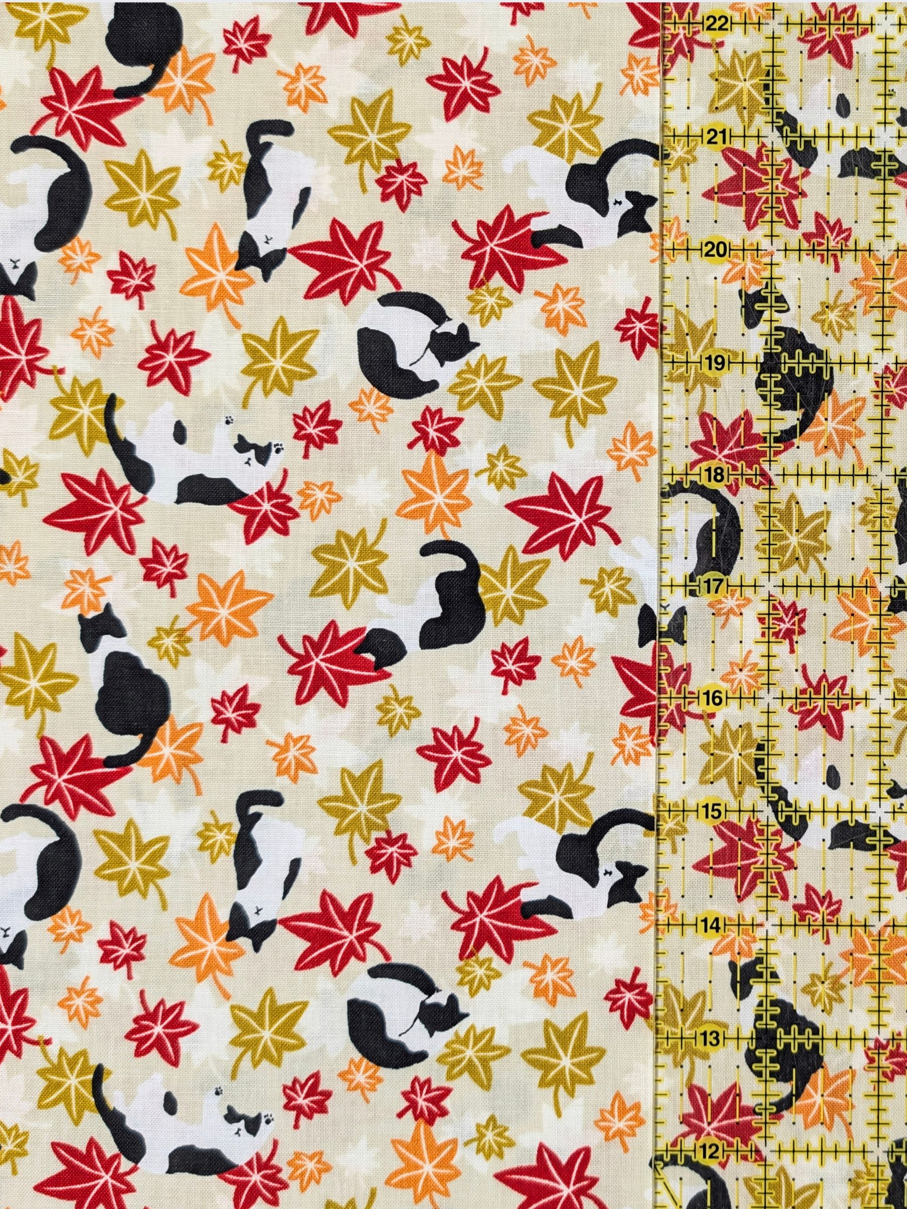 Cosmo - Maple Leaves & Cats Cotton Sheeting Fabric - Beige