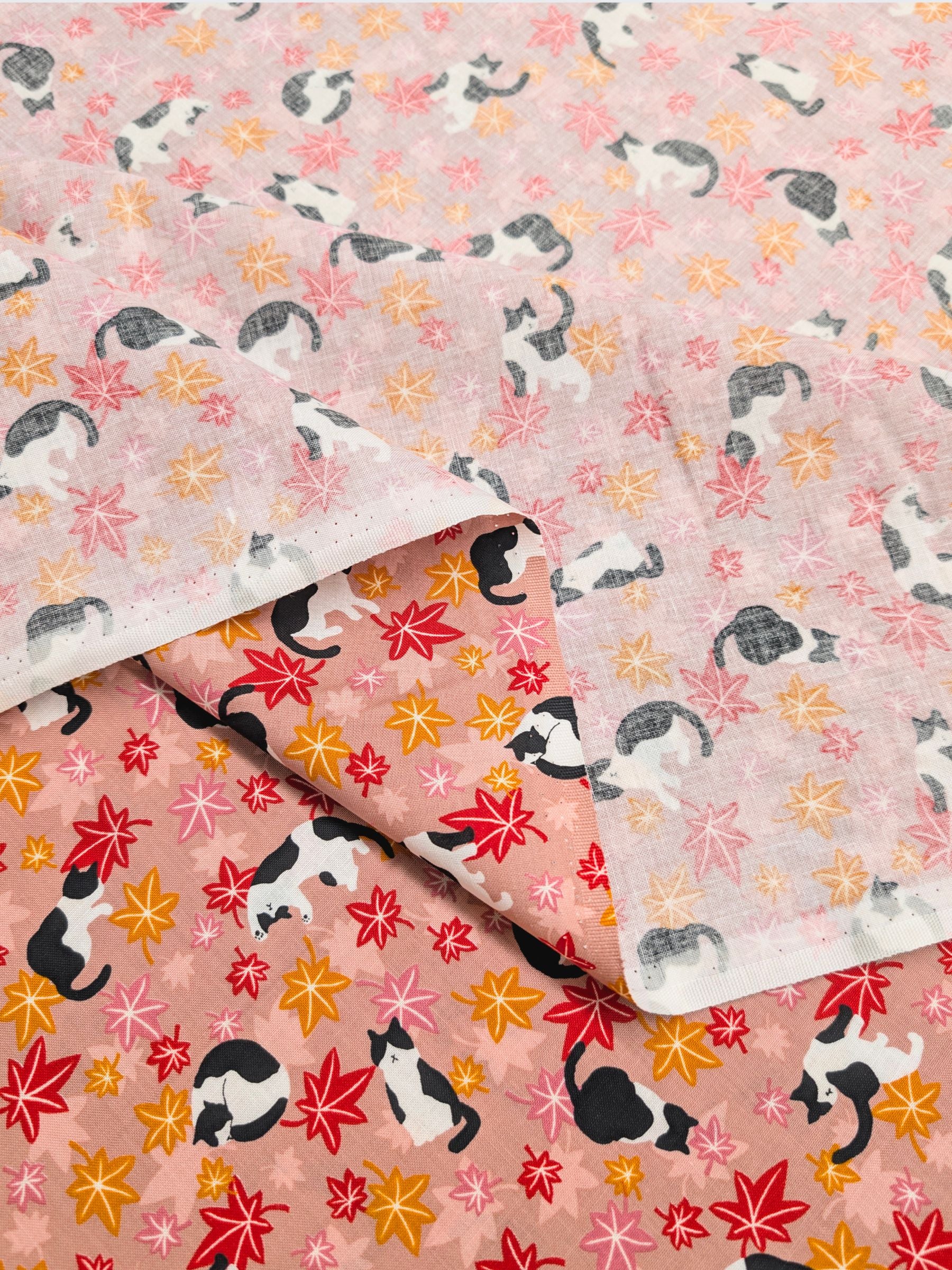 Cosmo - Maple Leaves & Cats Cotton Sheeting Fabric - Pink