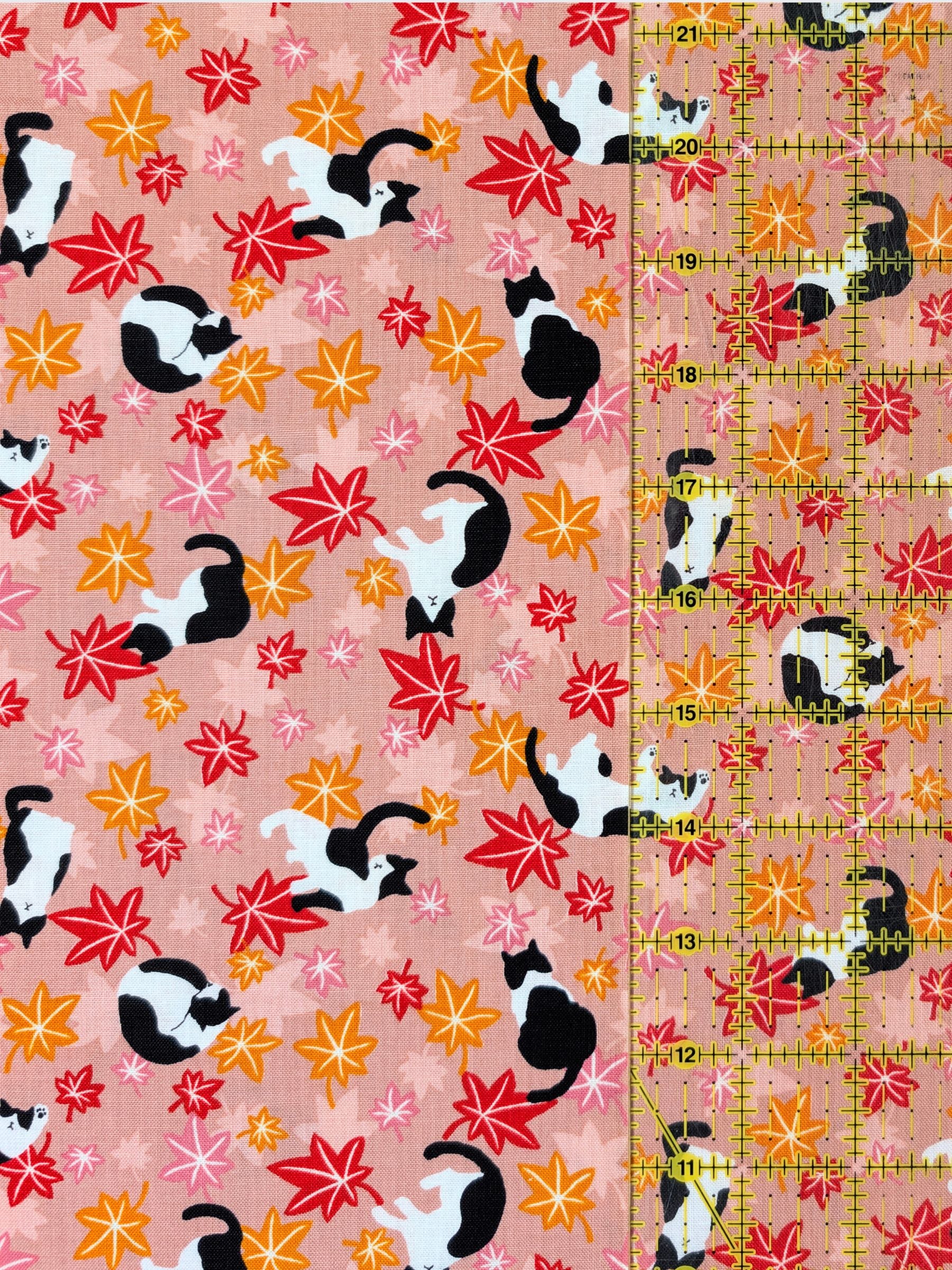 Cosmo - Maple Leaves & Cats Cotton Sheeting Fabric - Pink