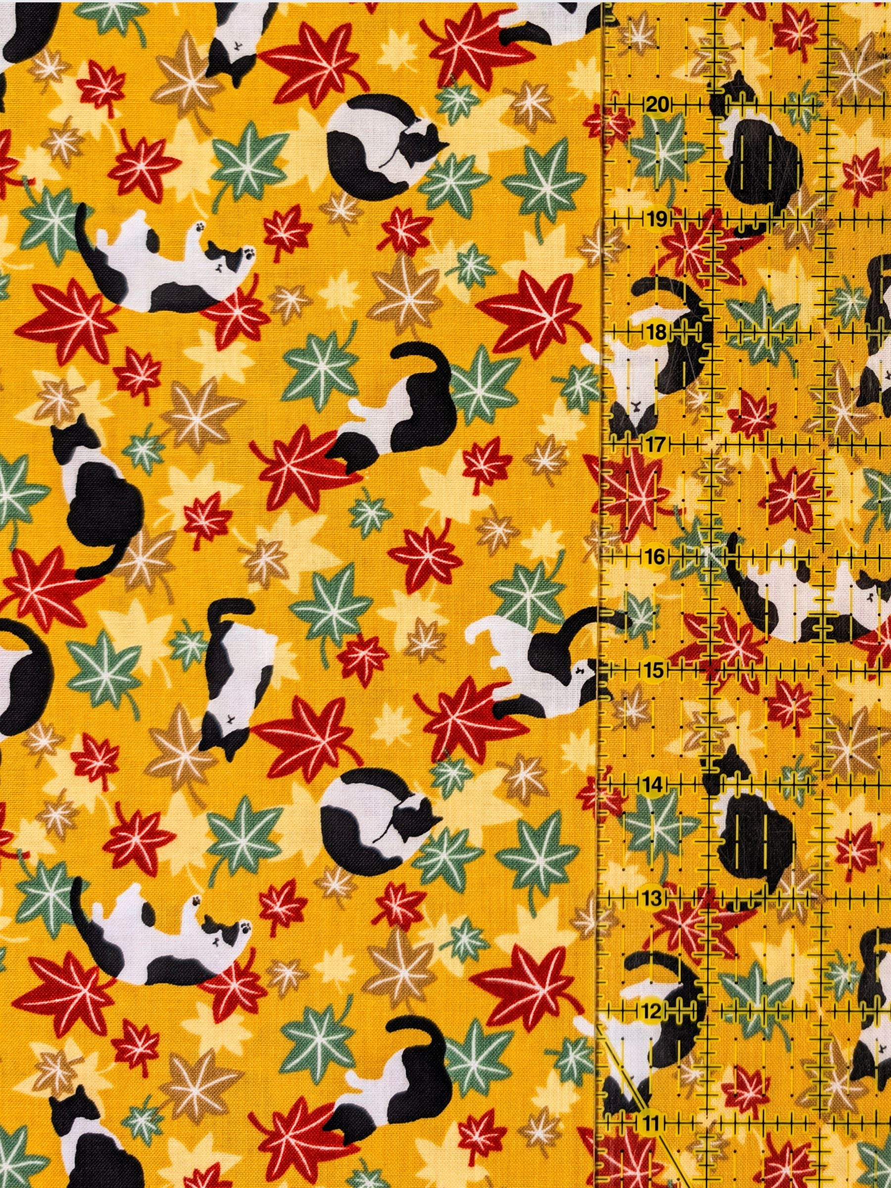 Cosmo - Maple Leaves & Cats Cotton Sheeting Fabric - Mustard Yellow