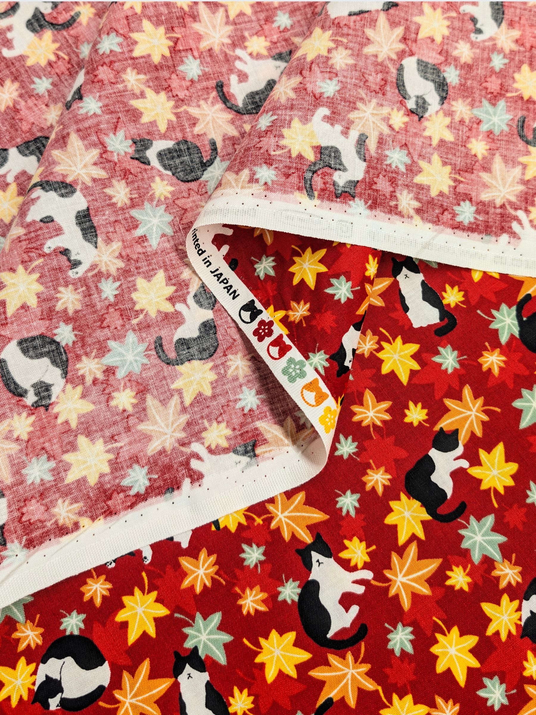 Cosmo - Maple Leaves & Cats Cotton Sheeting Fabric - Red