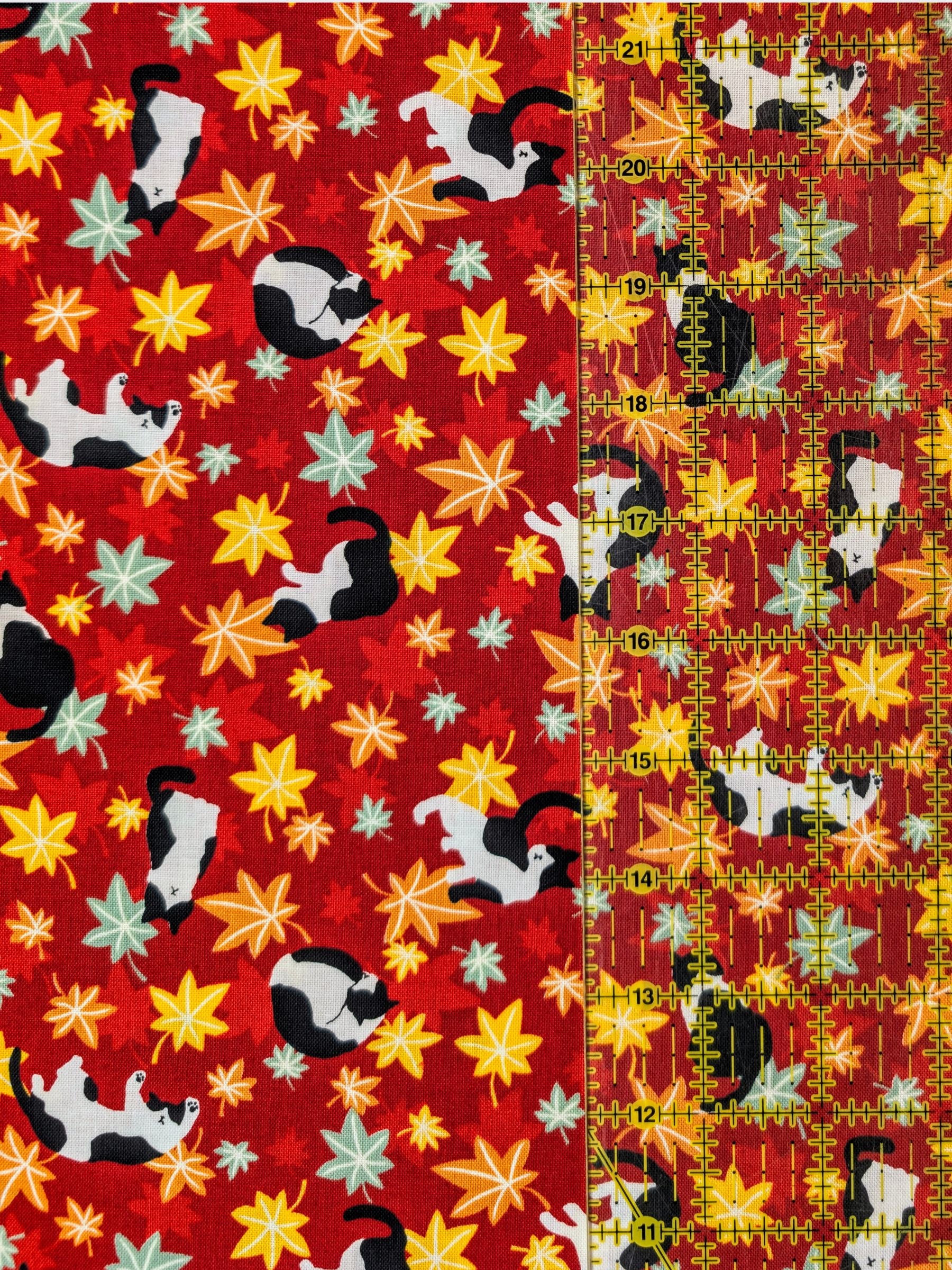 Cosmo - Maple Leaves & Cats Cotton Sheeting Fabric - Red