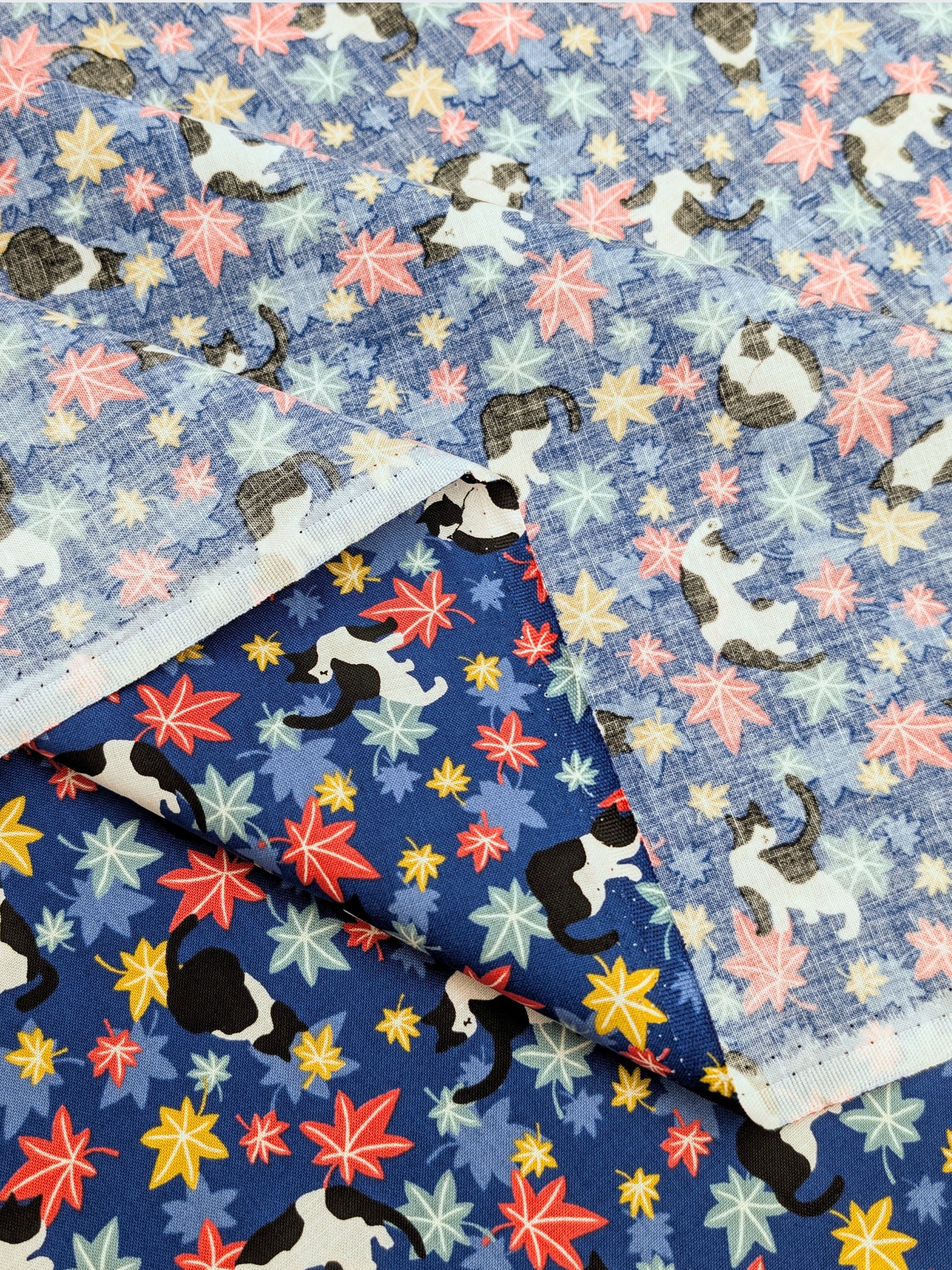 Cosmo - Maple Leaves & Cats Cotton Sheeting Fabric - Blue
