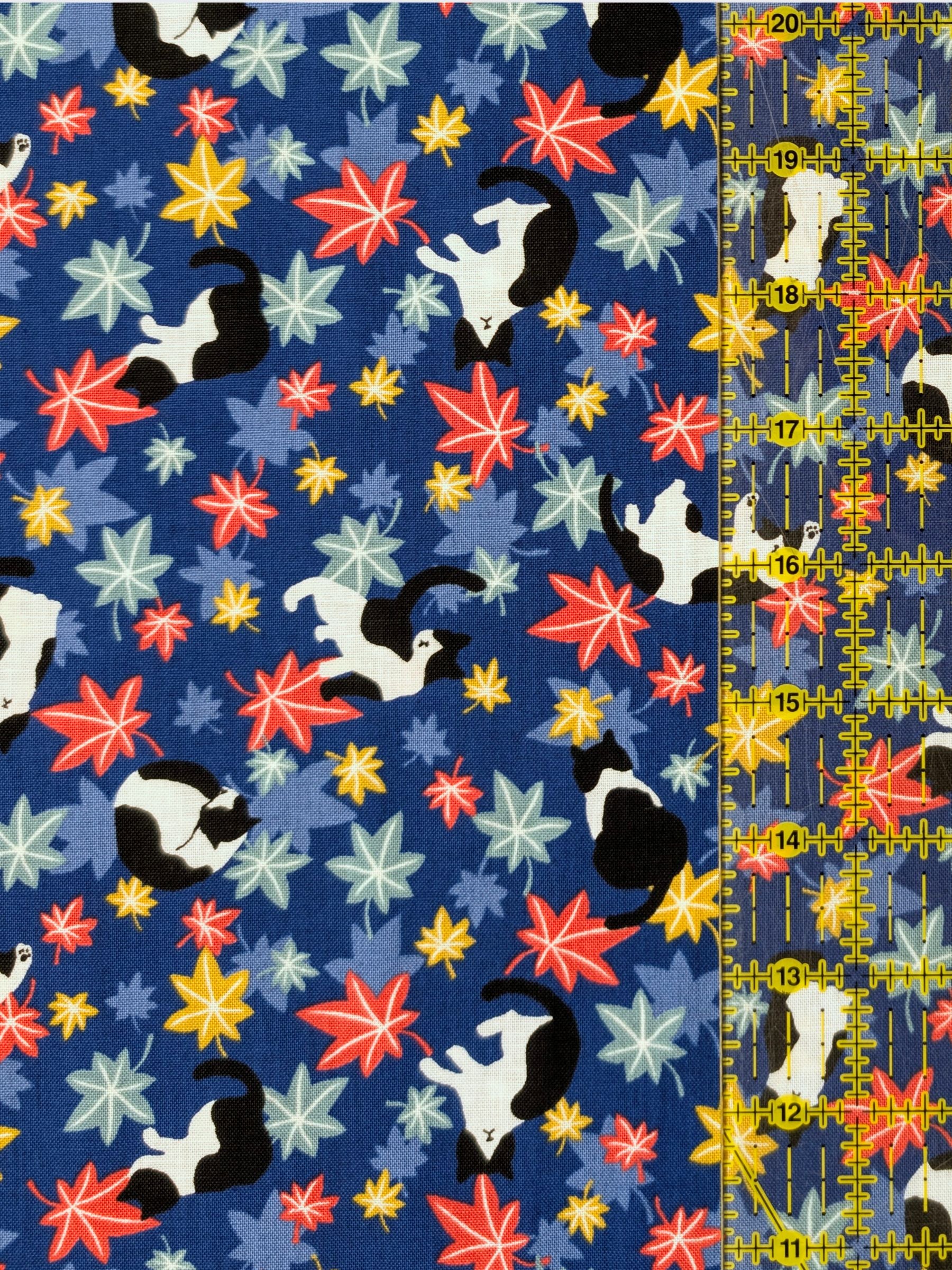 Cosmo - Maple Leaves & Cats Cotton Sheeting Fabric - Blue