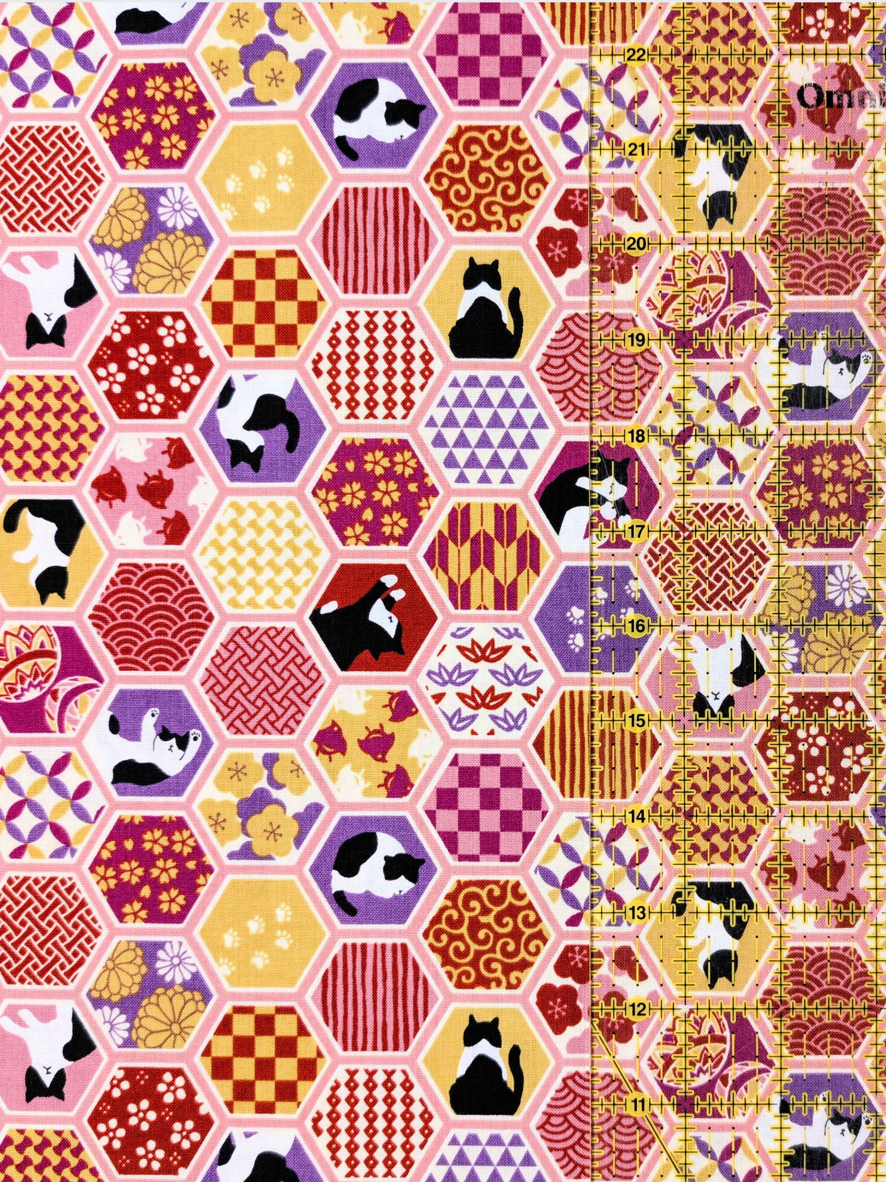 Cosmo - Hexigon Boro Cats Cotton Sheeting Fabric - Pink