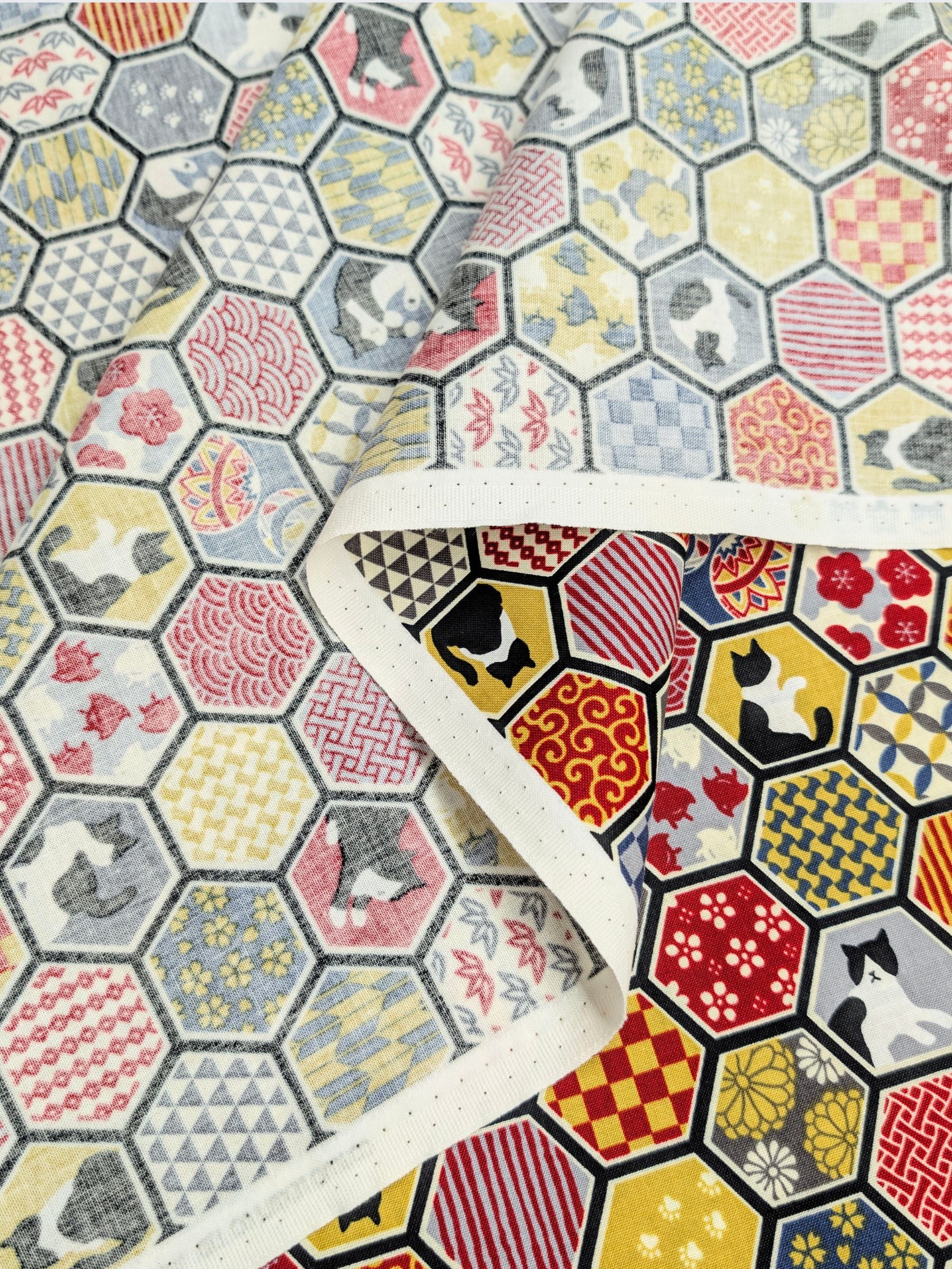 Cosmo - Hexigon Boro Cats Cotton Sheeting Fabric - Gray
