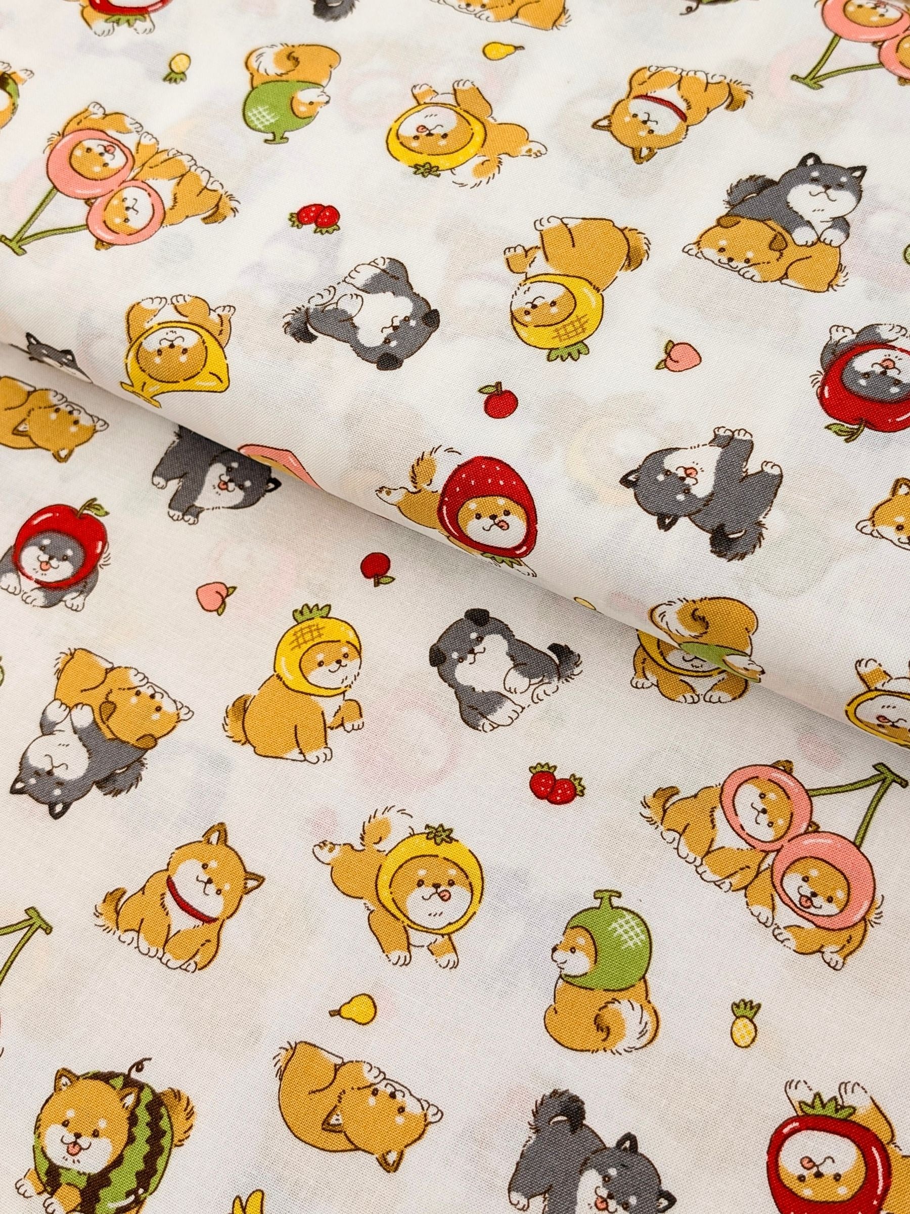 Cosmo - Fruity Shibas Cotton Sheeting Fabric - White