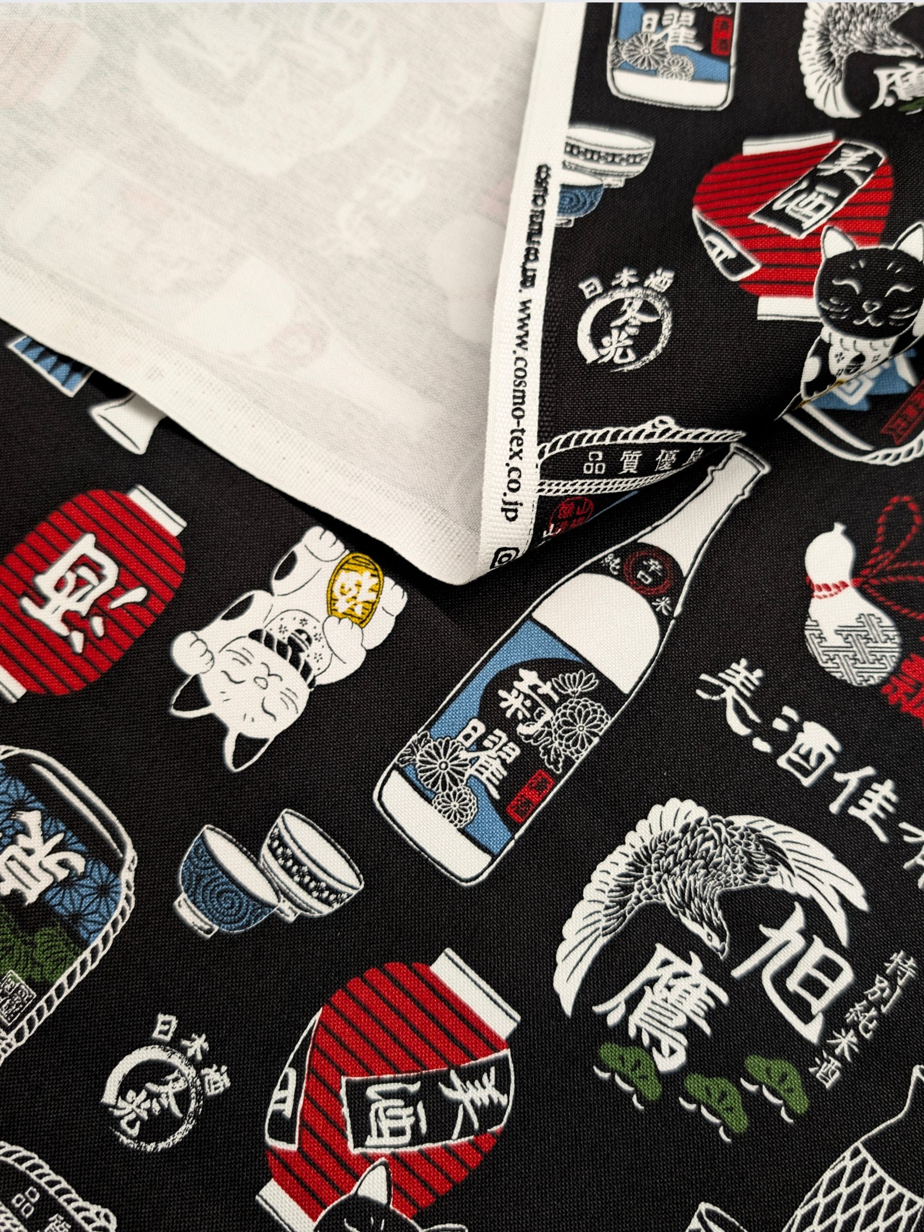 Cosmo - Sake Time Cotton Oxford Canvas Fabric - Black