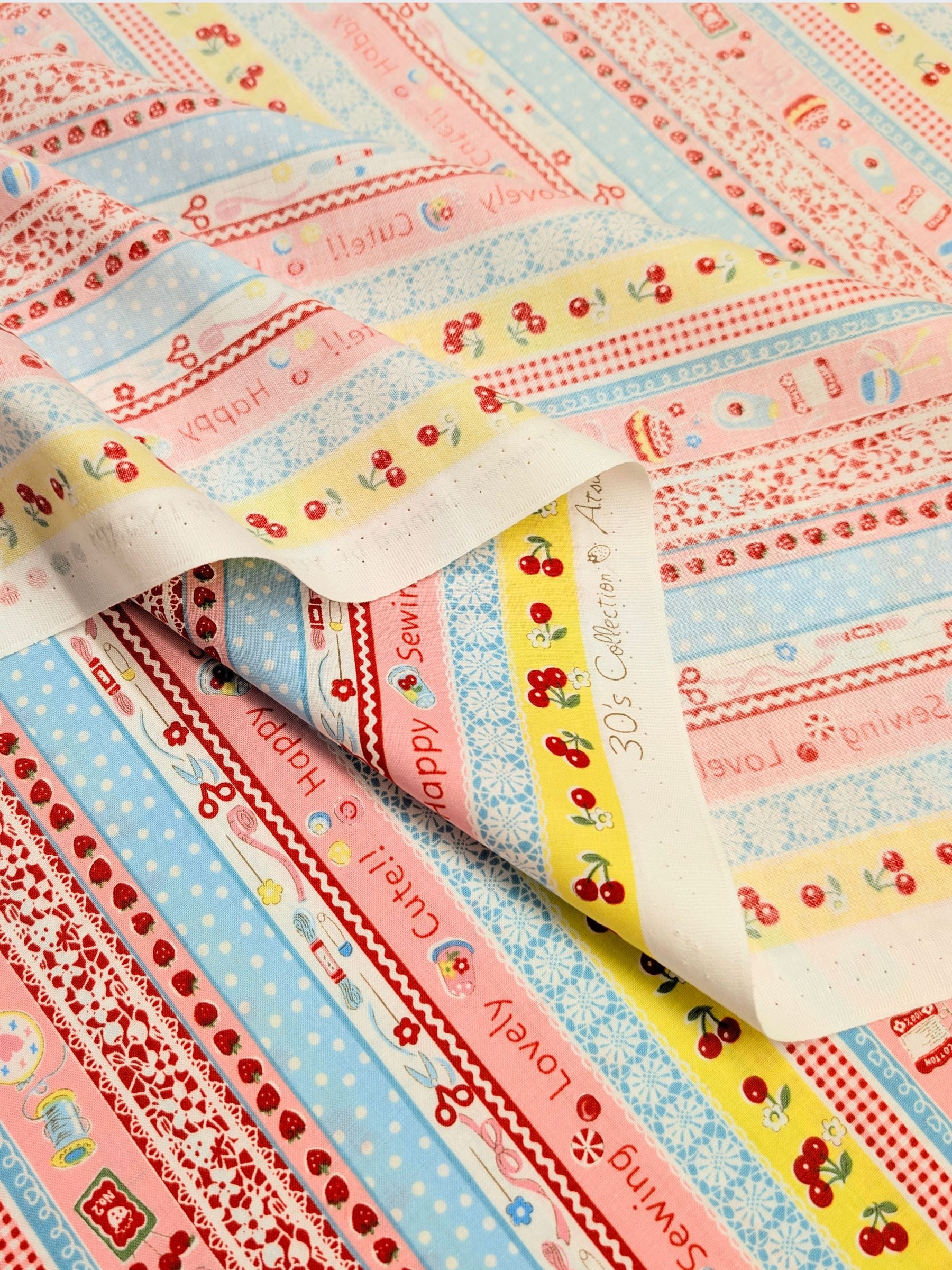 Yuwa - Cute Crafting Stripes Cotton Sheeting Fabric - Pink & Blue