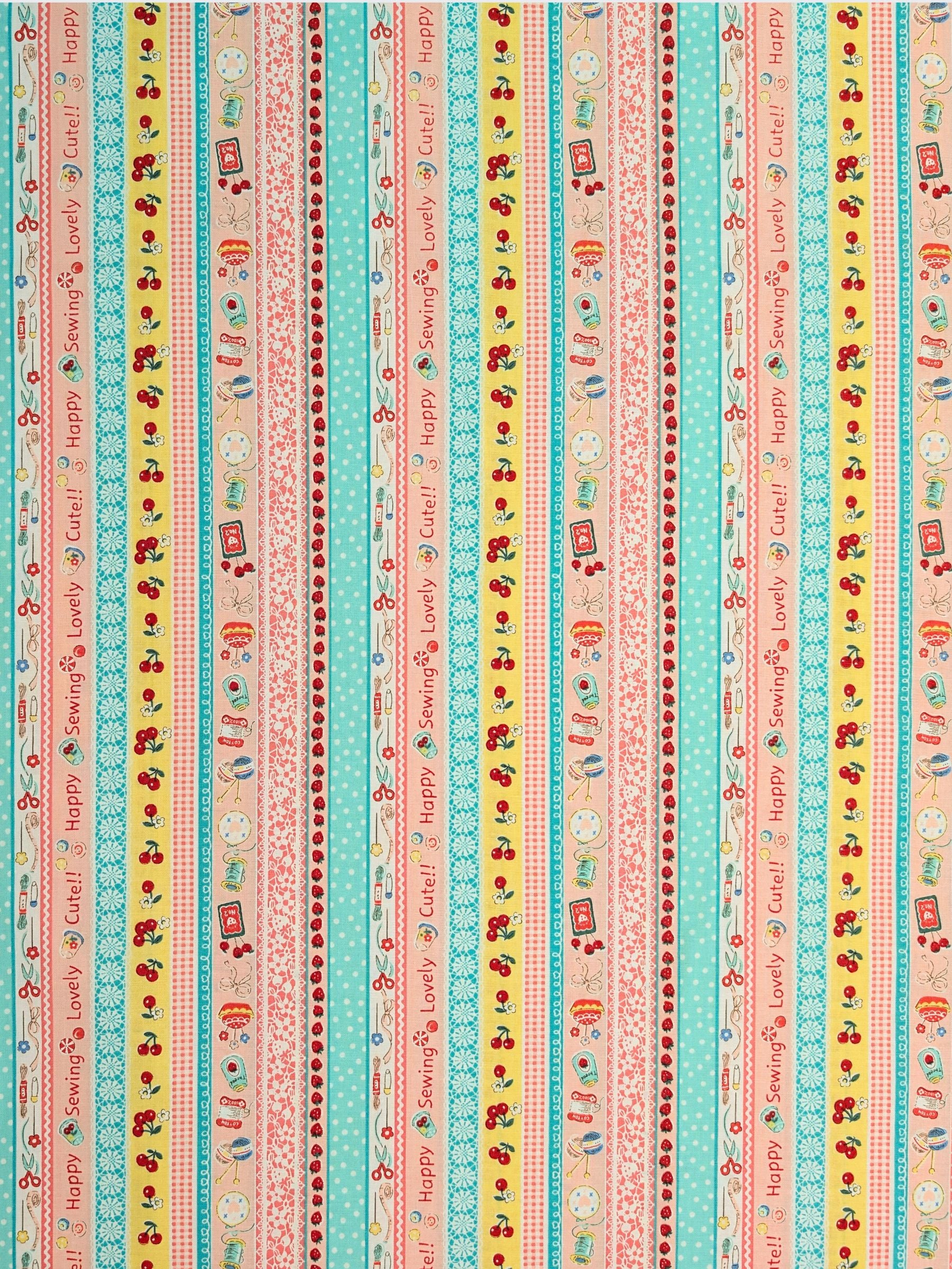 Yuwa - Cute Crafting Stripes Cotton Sheeting Fabric - Pink & Teal