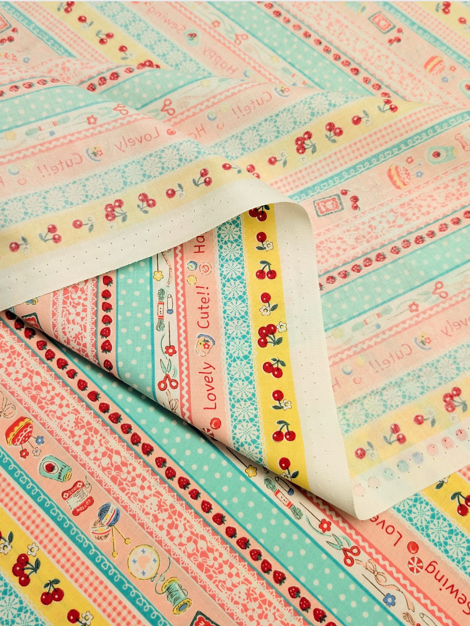 Yuwa - Cute Crafting Stripes Cotton Sheeting Fabric - Pink & Teal