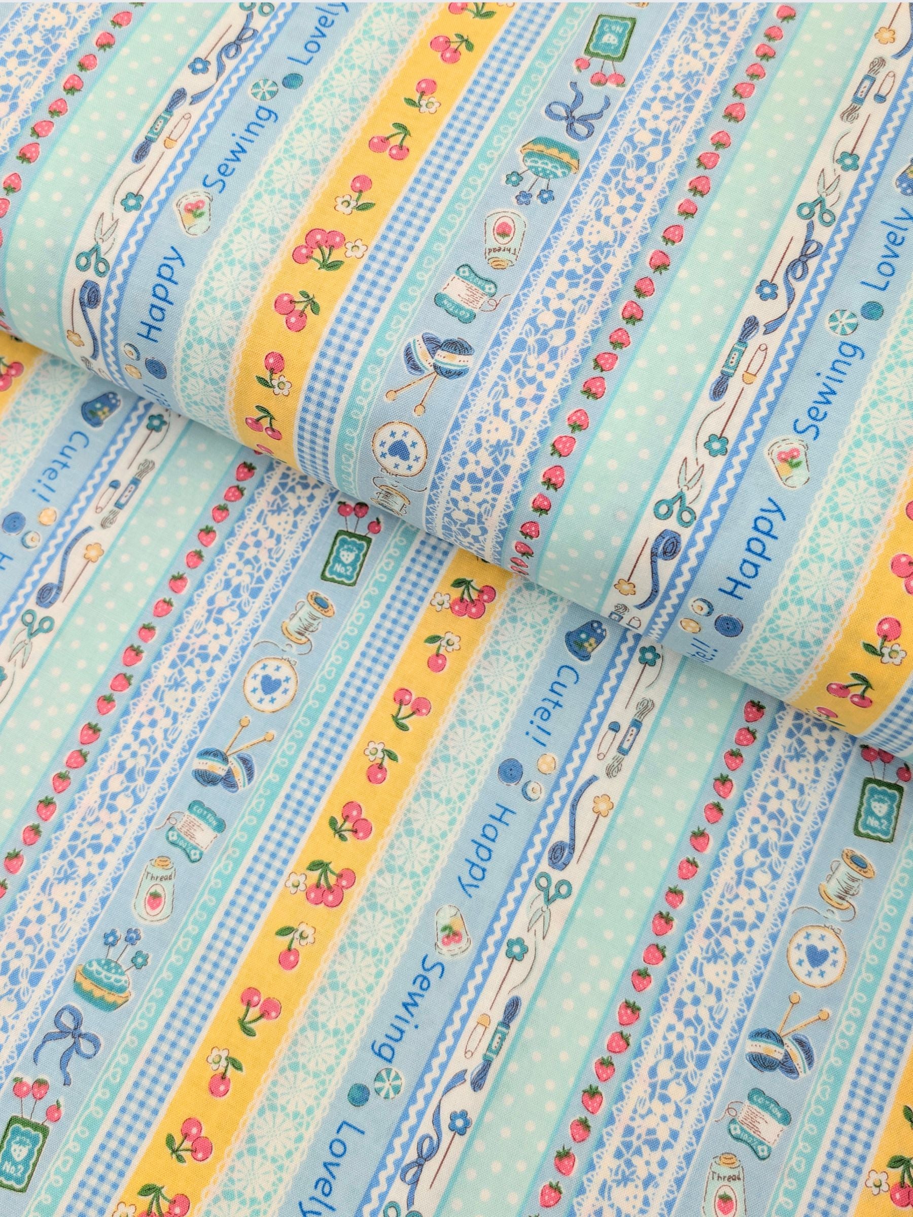 Yuwa - Cute Crafting Stripes Cotton Sheeting Fabric - Blue