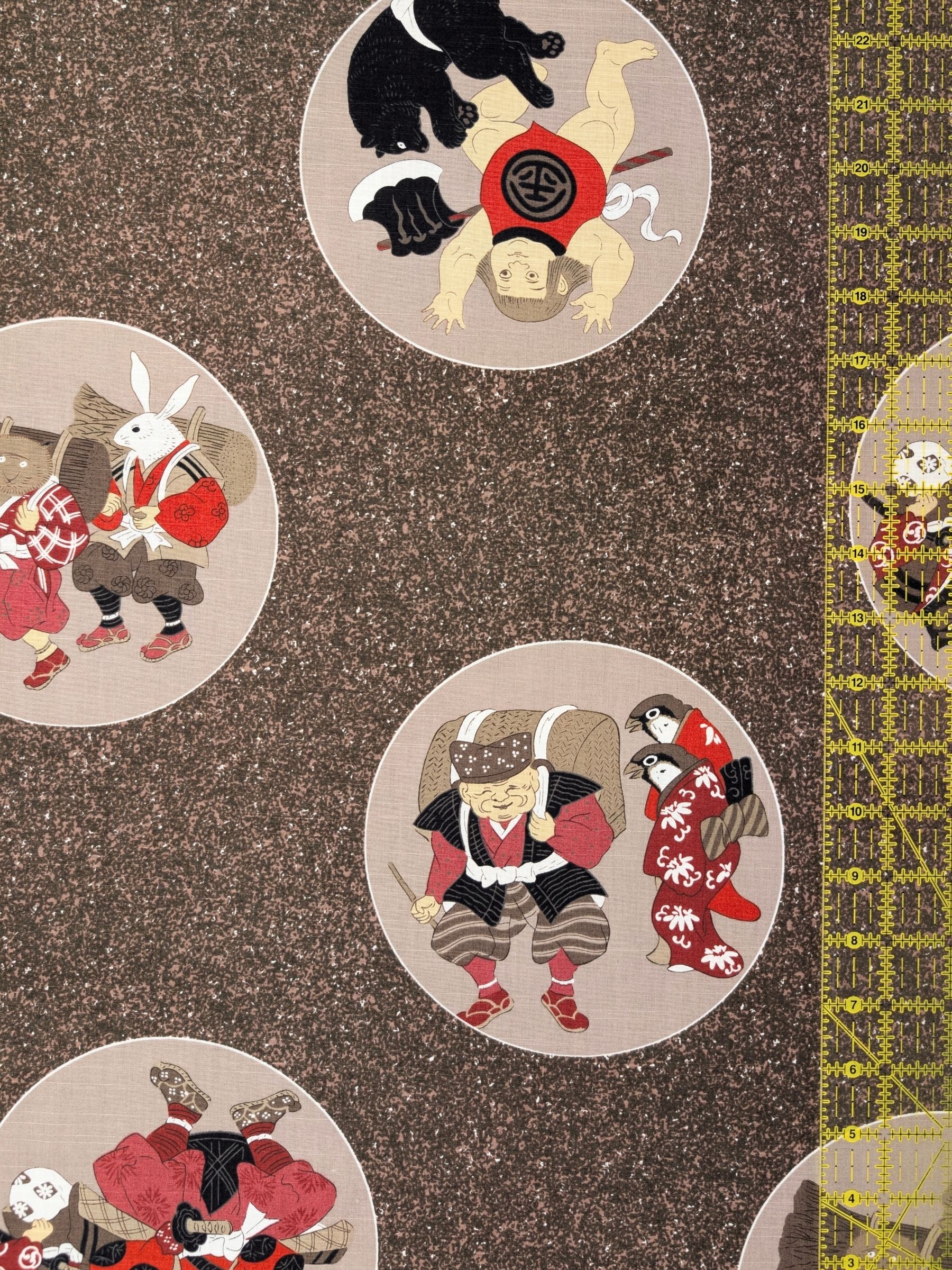 Craft-P - Edo Period Characters Cotton Rustic Weave Fabric - Red & Brown