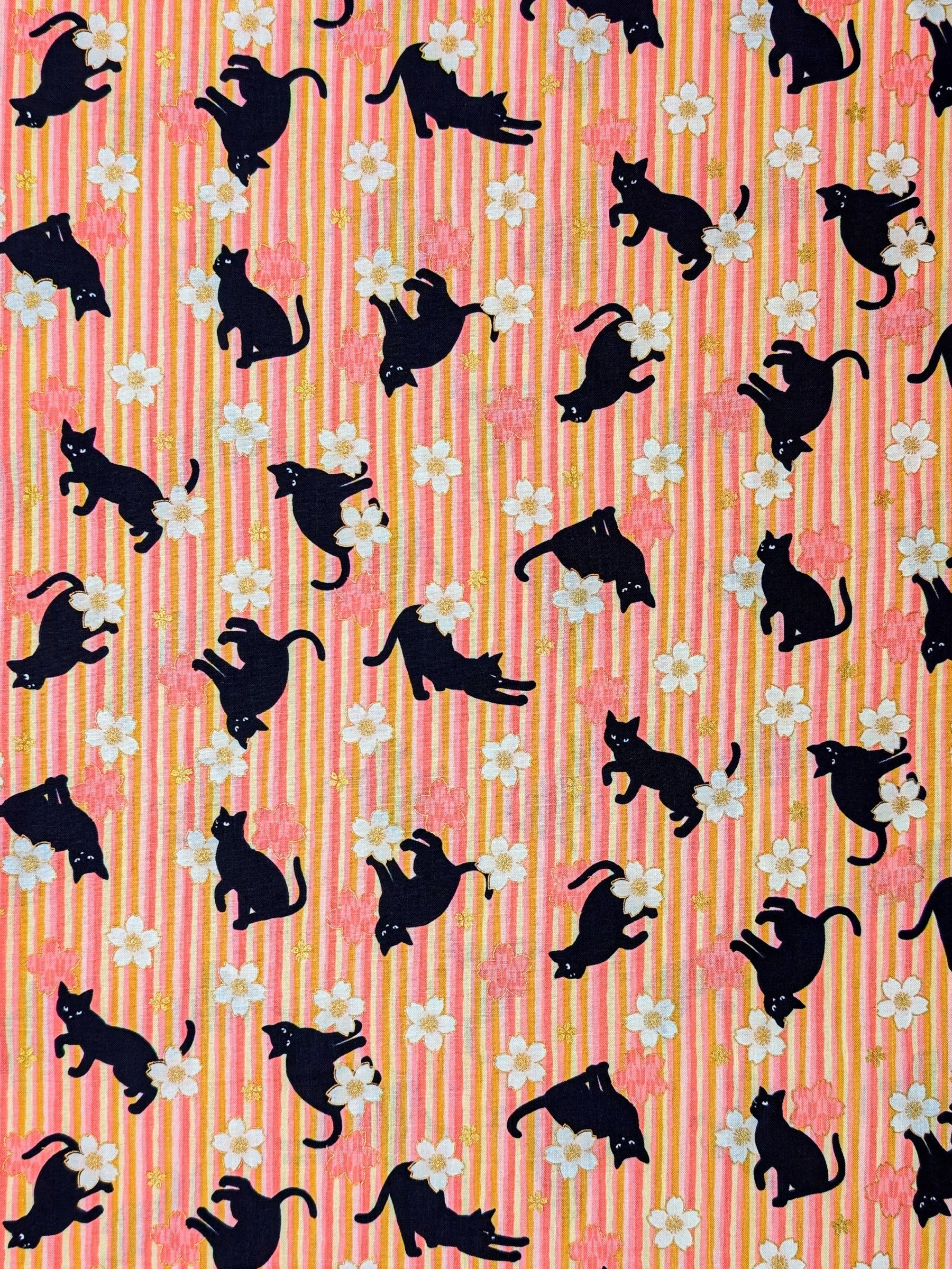 QuiltGate - Golden Cat Stripes and Cherry Blossoms Cotton Fabric - Pink