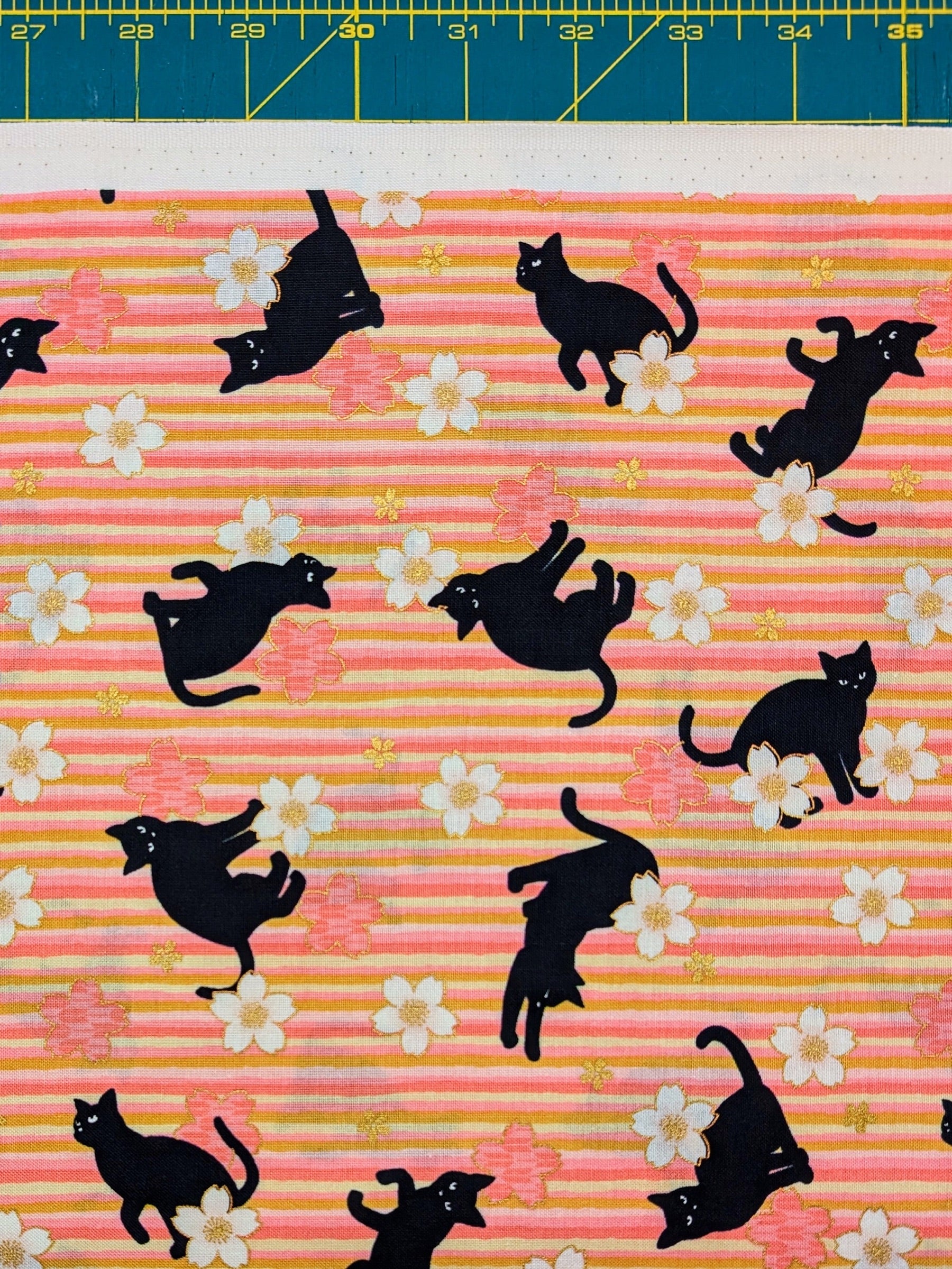 QuiltGate - Golden Cat Stripes and Cherry Blossoms Cotton Fabric - Pink