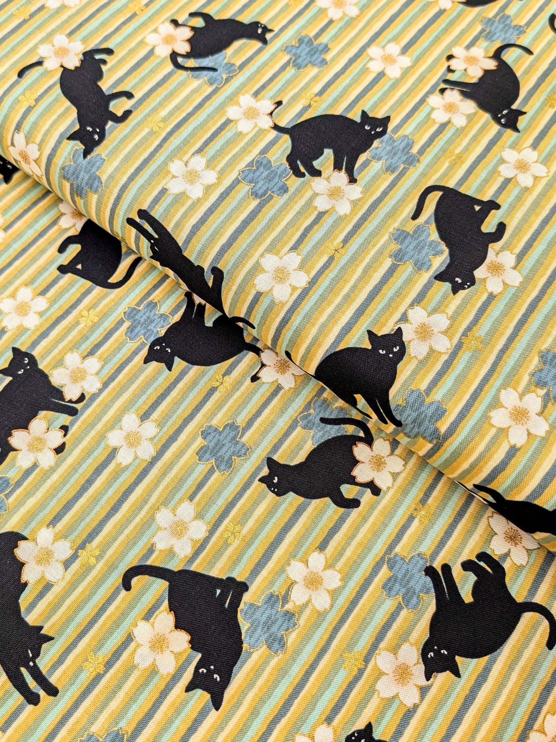 QuiltGate - Golden Cat Stripes and Cherry Blossoms Cotton Fabric - Green