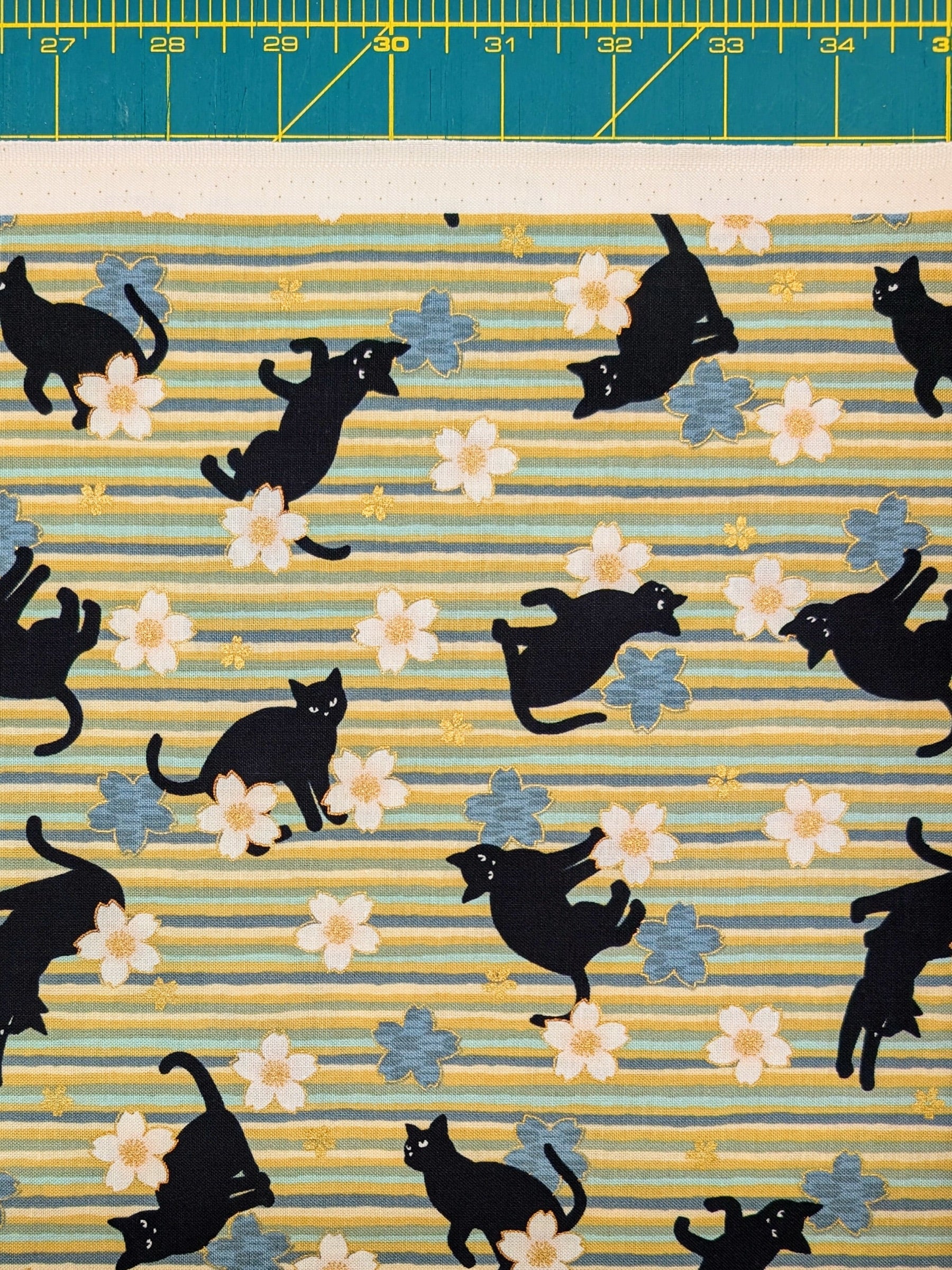 QuiltGate - Golden Cat Stripes and Cherry Blossoms Cotton Fabric - Green