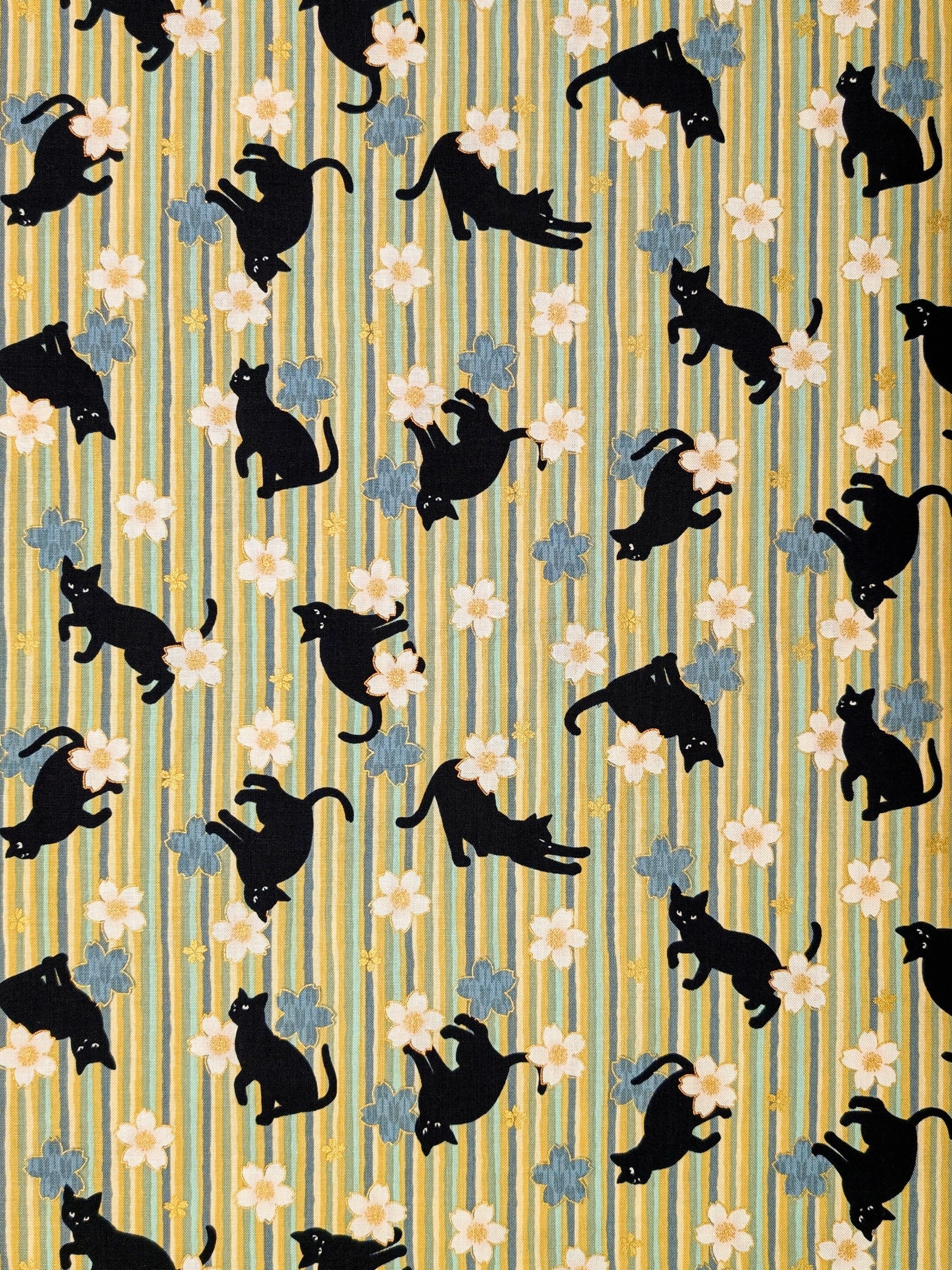 QuiltGate - Golden Cat Stripes and Cherry Blossoms Cotton Fabric - Green