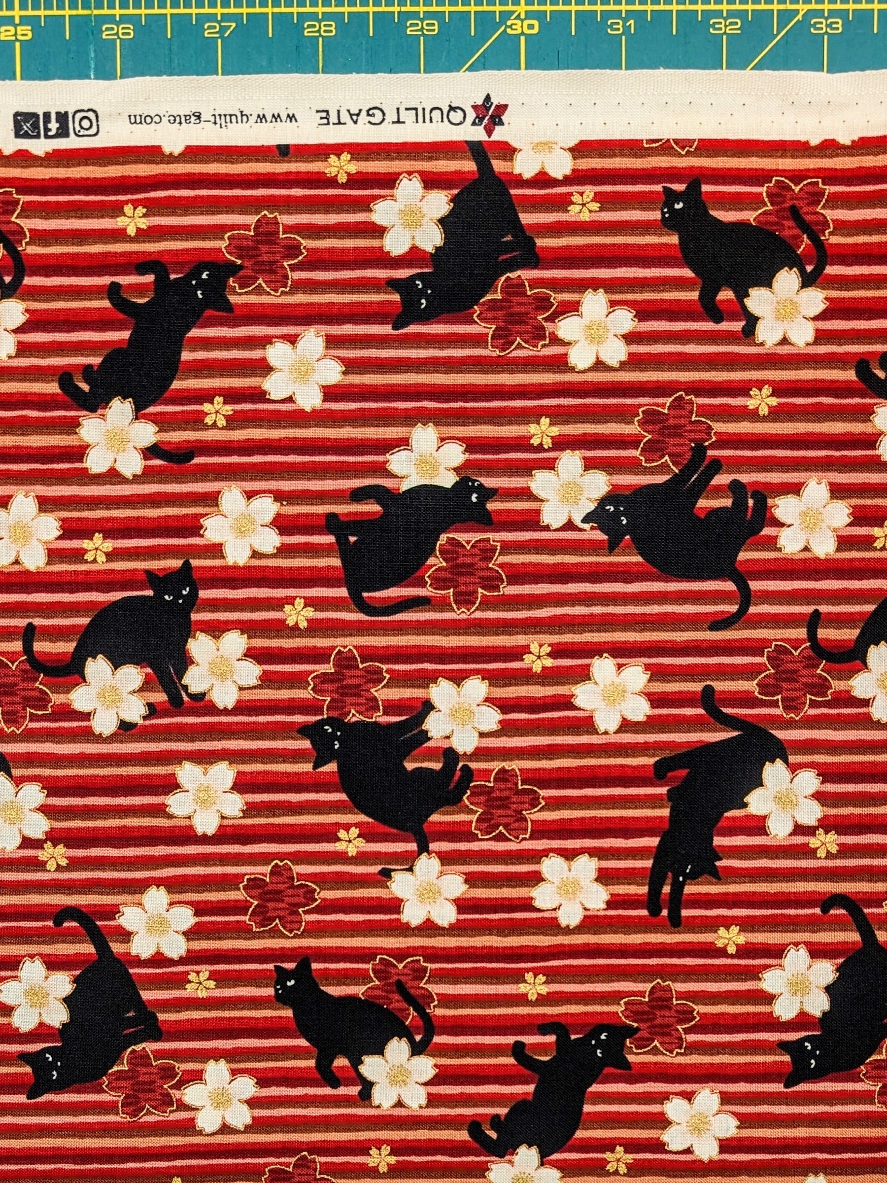 QuiltGate - Golden Cat Stripes and Cherry Blossoms Cotton Fabric - Red