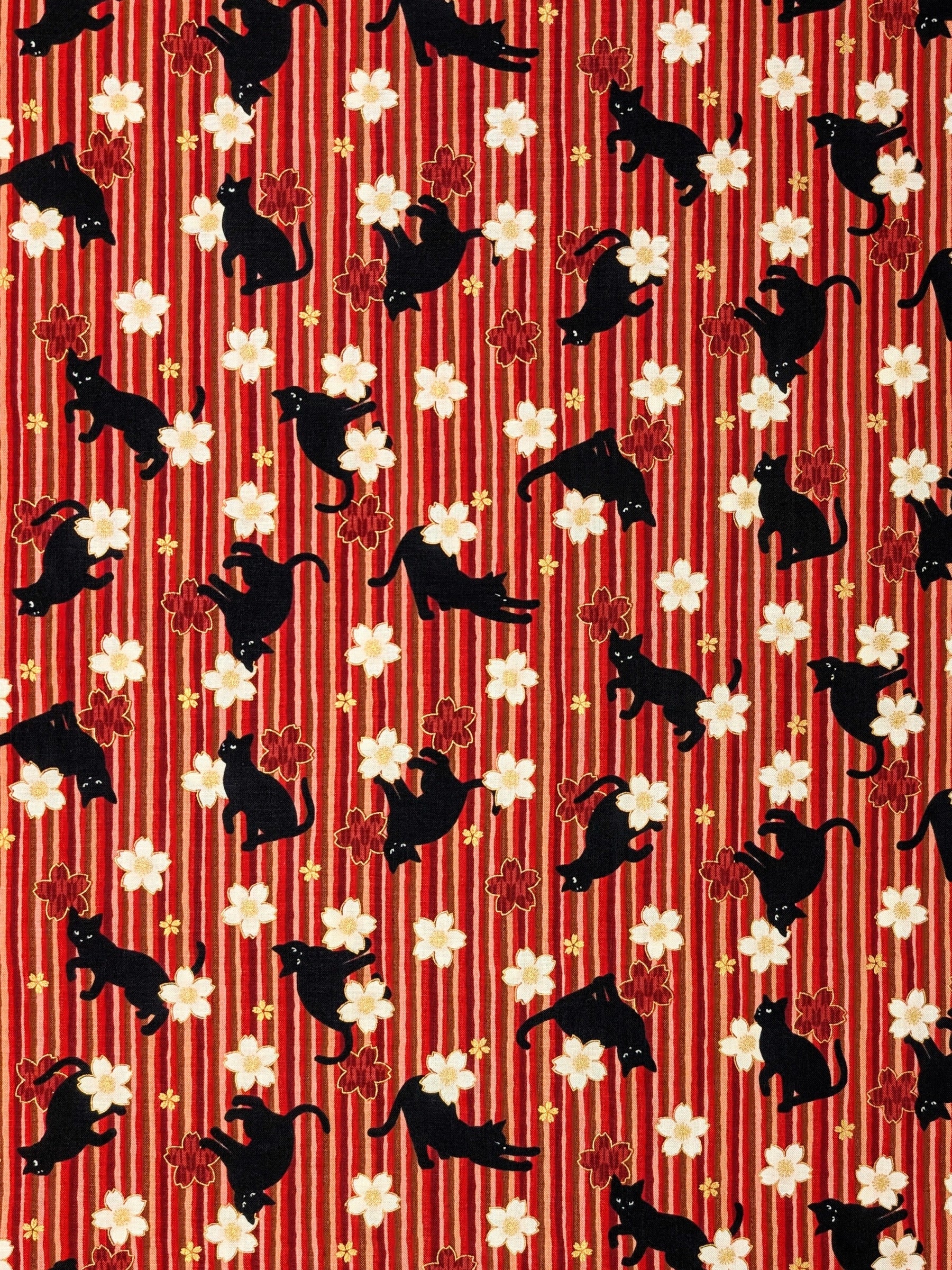 QuiltGate - Golden Cat Stripes and Cherry Blossoms Cotton Fabric - Red