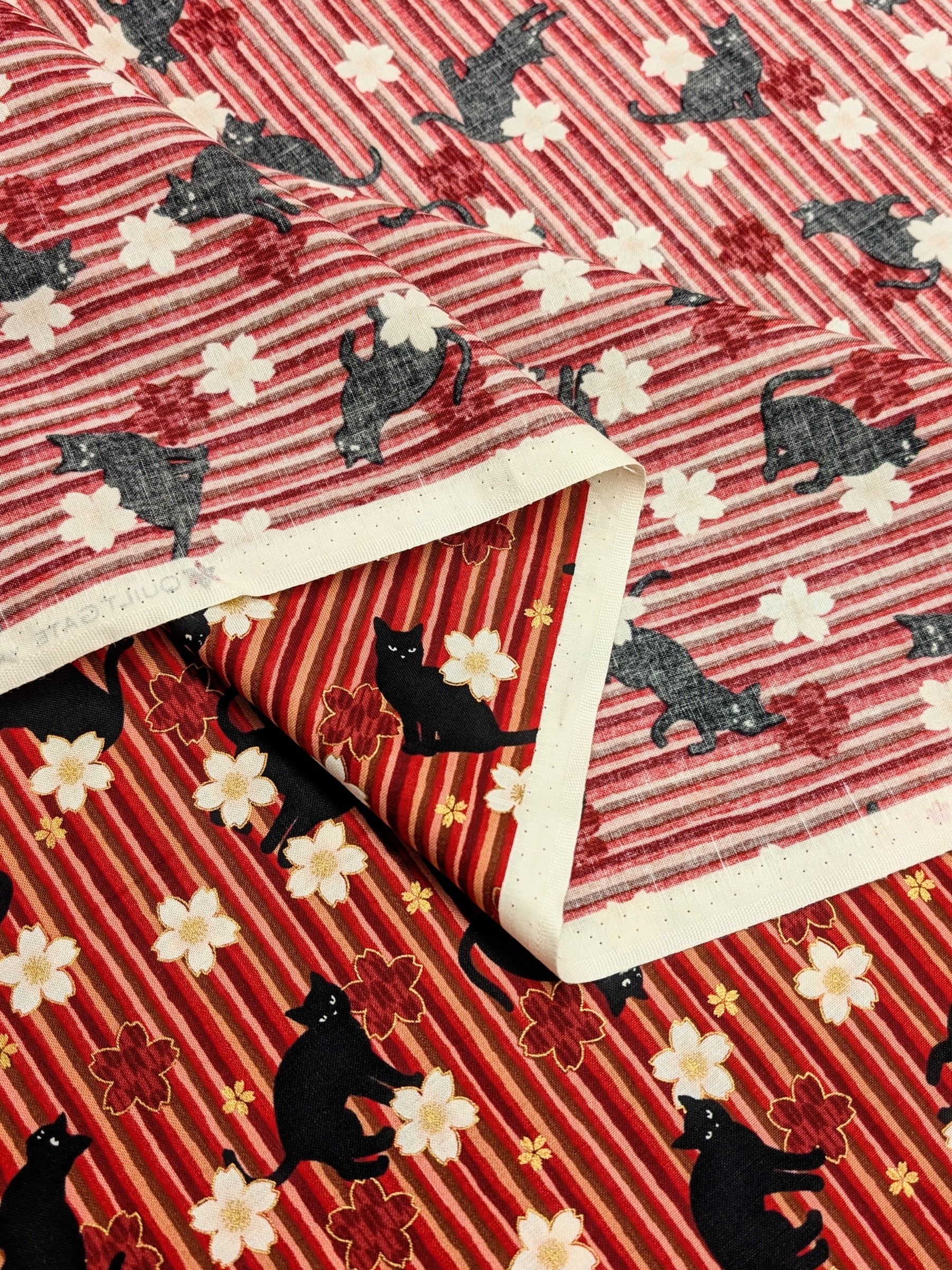 QuiltGate - Golden Cat Stripes and Cherry Blossoms Cotton Fabric - Red