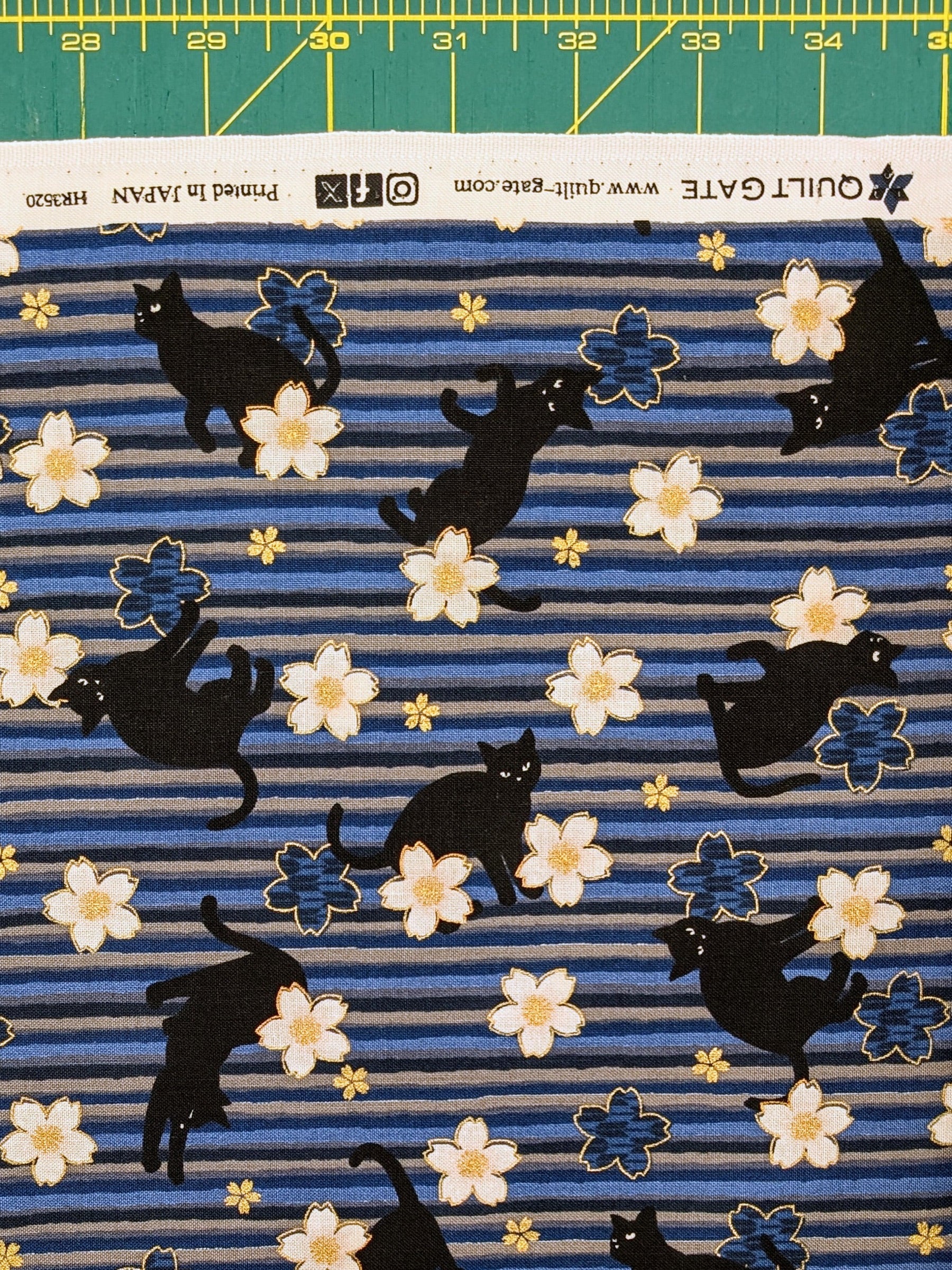 QuiltGate - Golden Cat Stripes and Cherry Blossoms Cotton Fabric - Blue