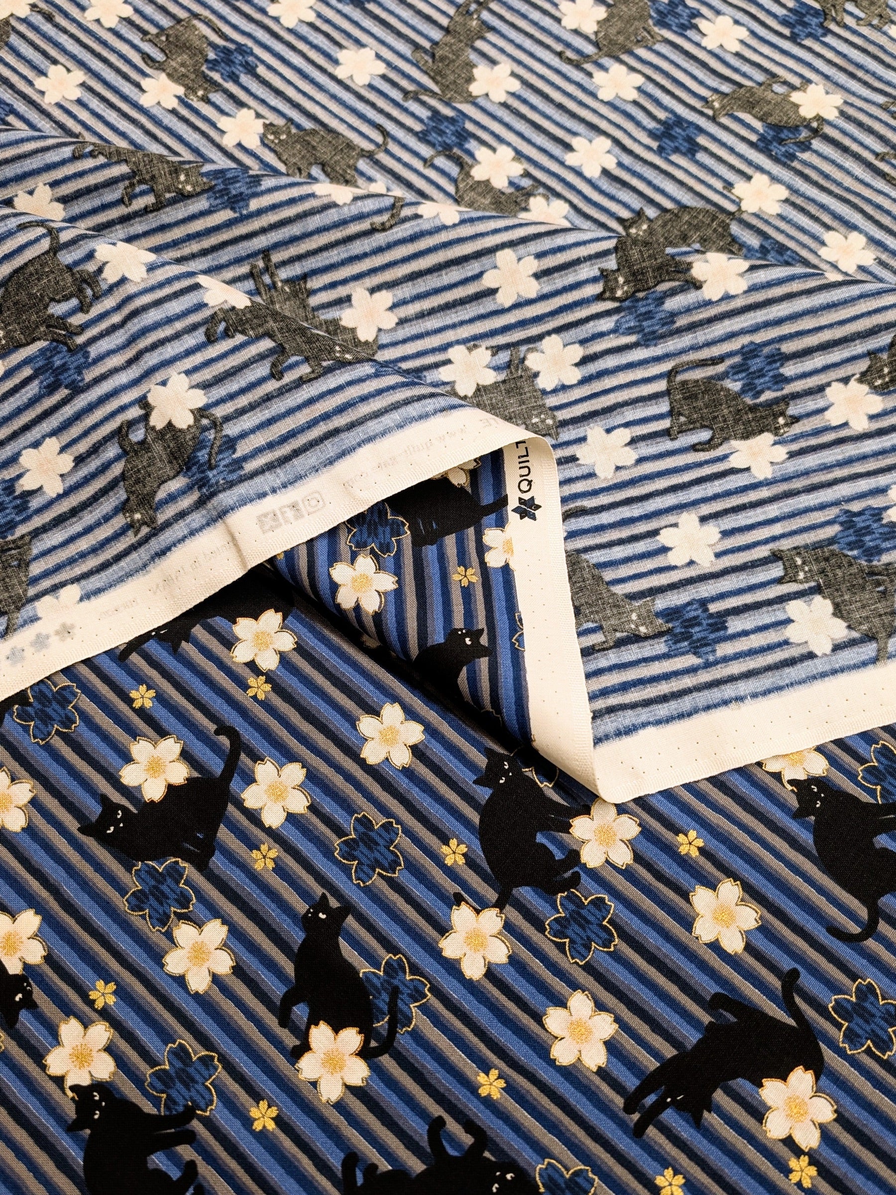 QuiltGate - Golden Cat Stripes and Cherry Blossoms Cotton Fabric - Blue