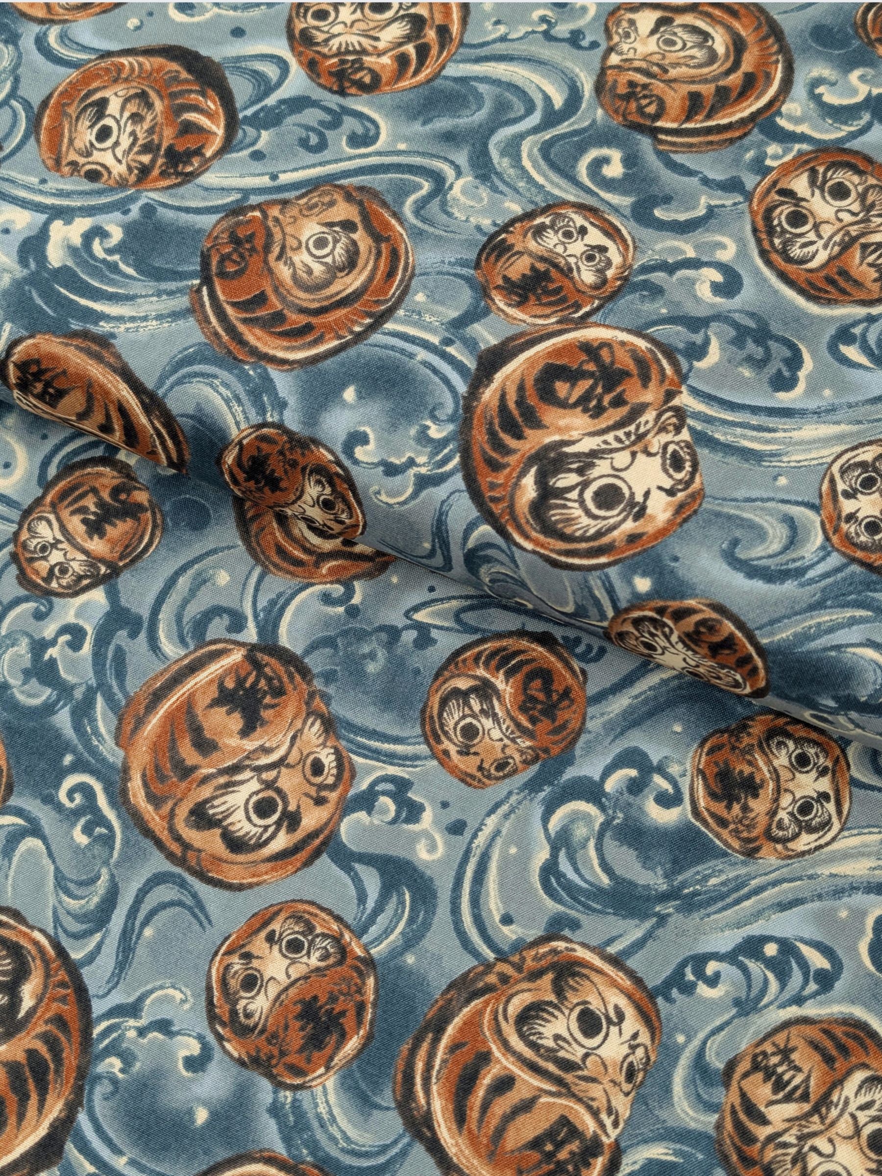 QuiltGate - Brushed Daruma & Waves Cotton Sheeting Fabric - Light Blue