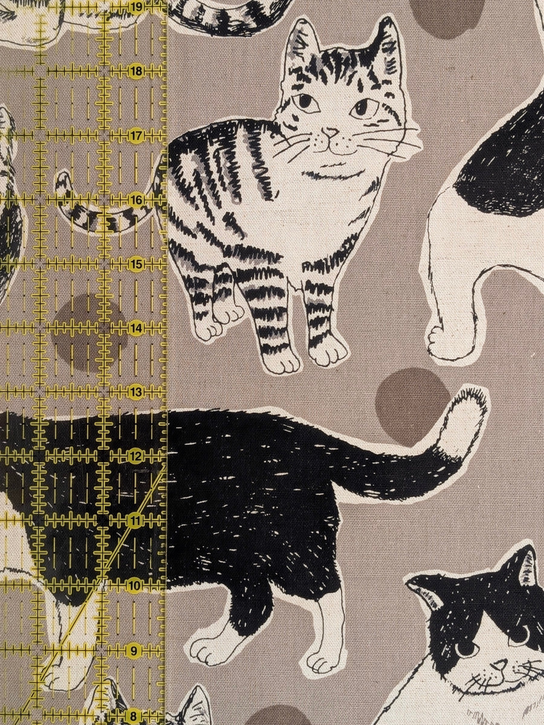 Kobayashi - Large Black & White Cats Cotton Linen Oxford Canvas Fabric - Gray