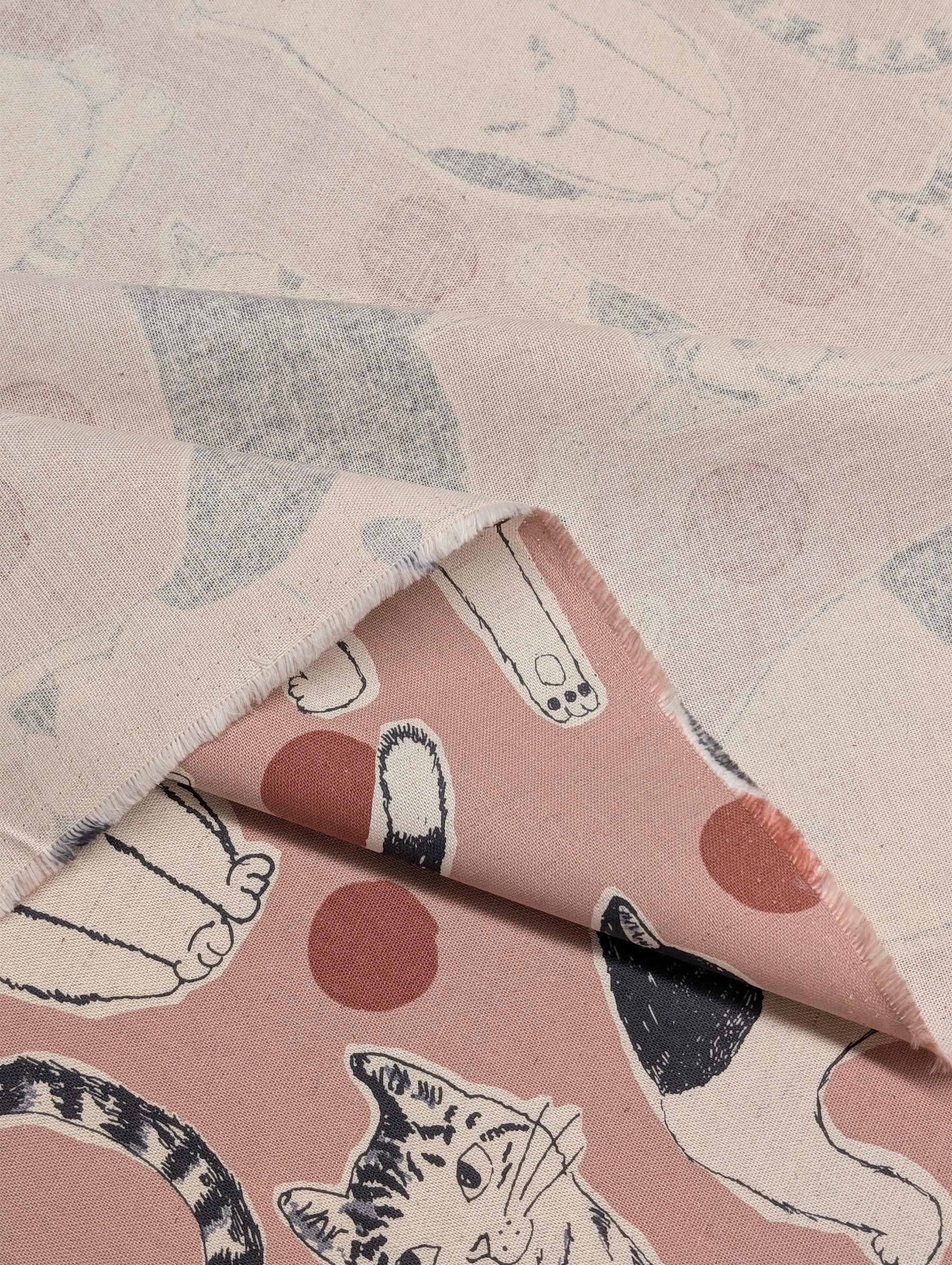 Kobayashi - Large Black & Off-White Cats Cotton Linen Oxford Canvas Fabric - Pink