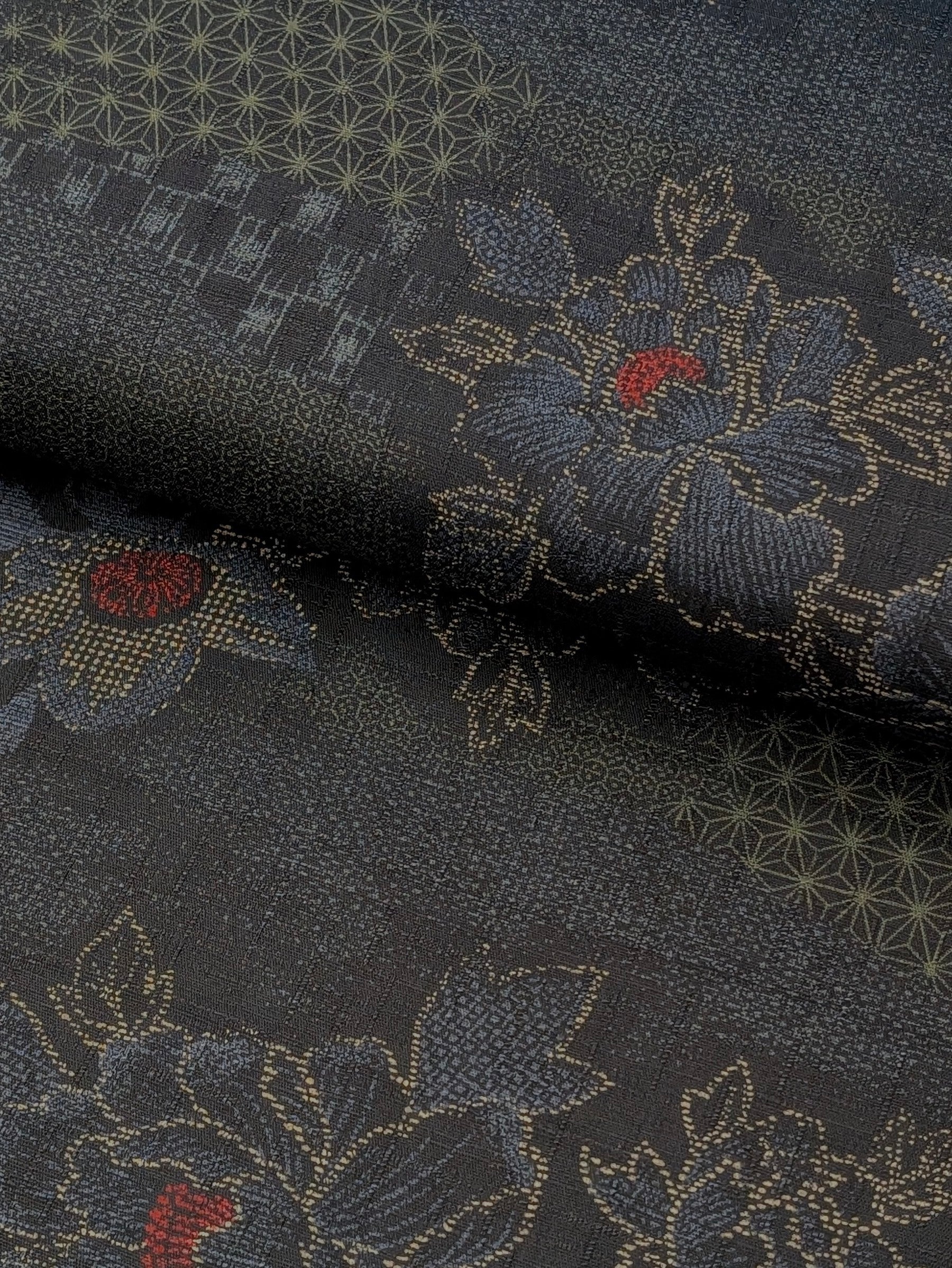 Kobayashi - Wagara Flowers Cotton Dobby Fabric - Black