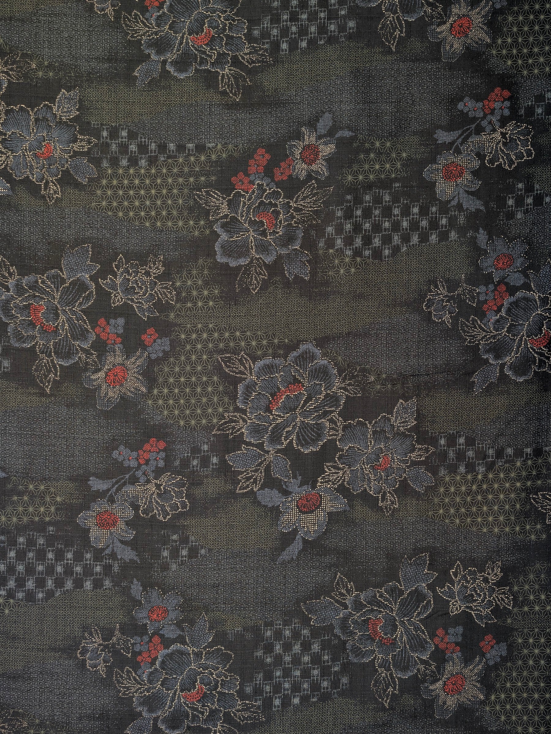 Kobayashi - Wagara Flowers Cotton Dobby Fabric - Black