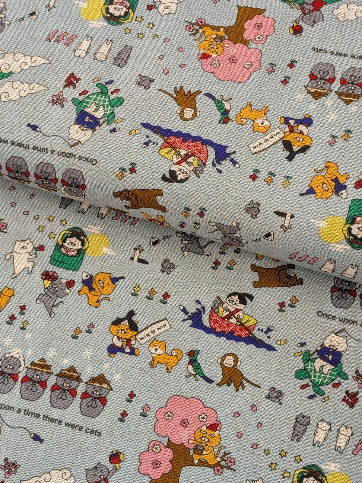 Kobayashi - Neko Folk Tale Cotton Linen Oxford Canvas Fabric - Light Blue
