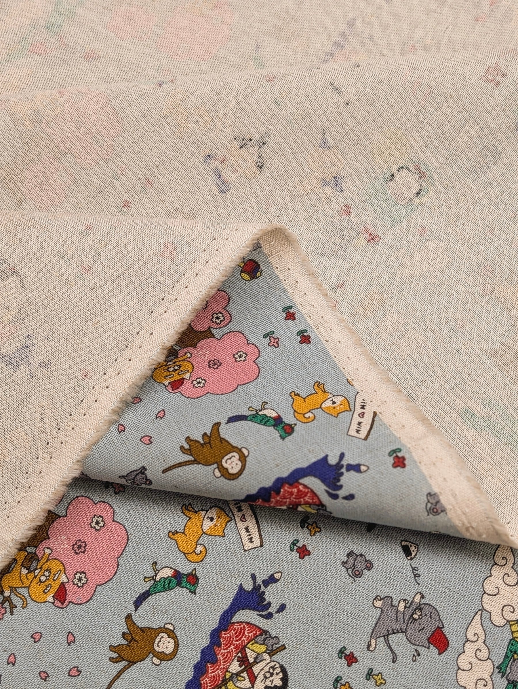 Kobayashi - Neko Folk Tale Cotton Linen Oxford Canvas Fabric - Light Blue