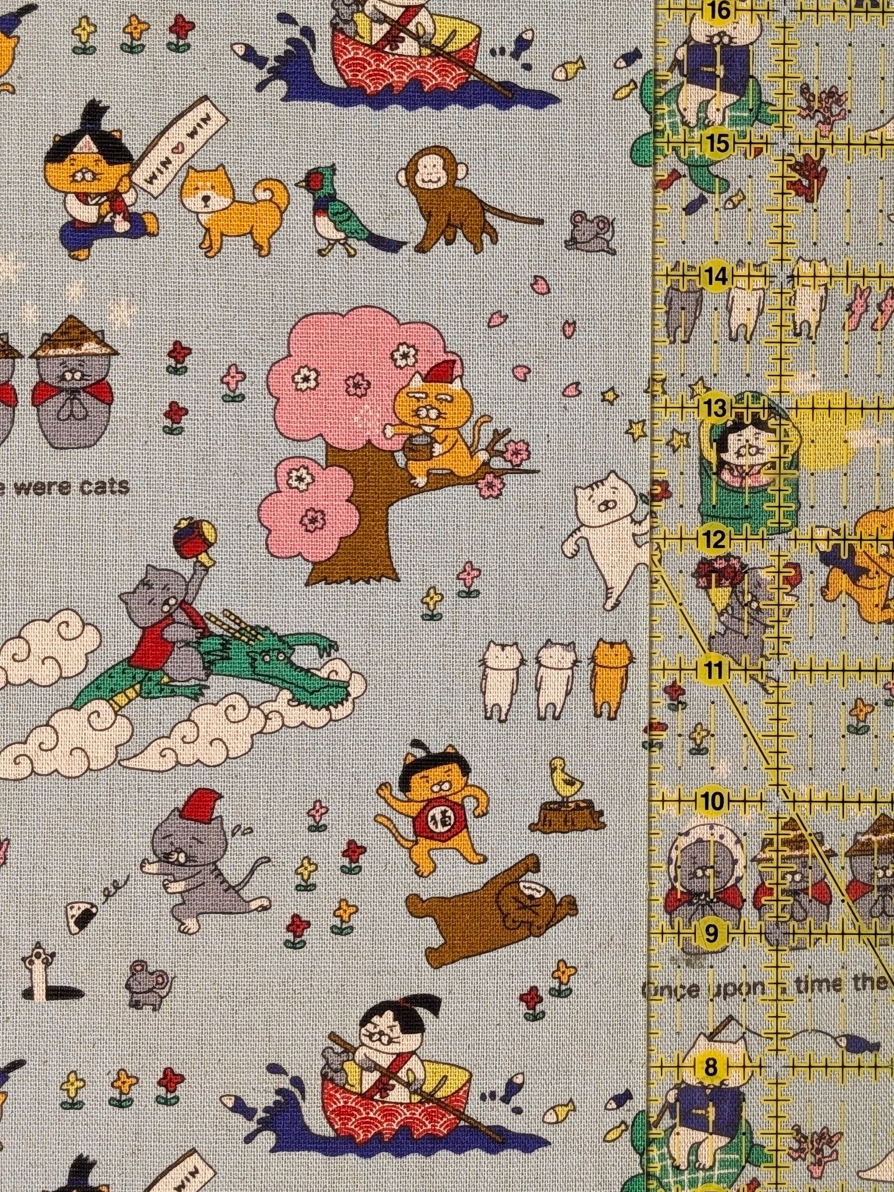 Kobayashi - Neko Folk Tale Cotton Linen Oxford Canvas Fabric - Light Blue