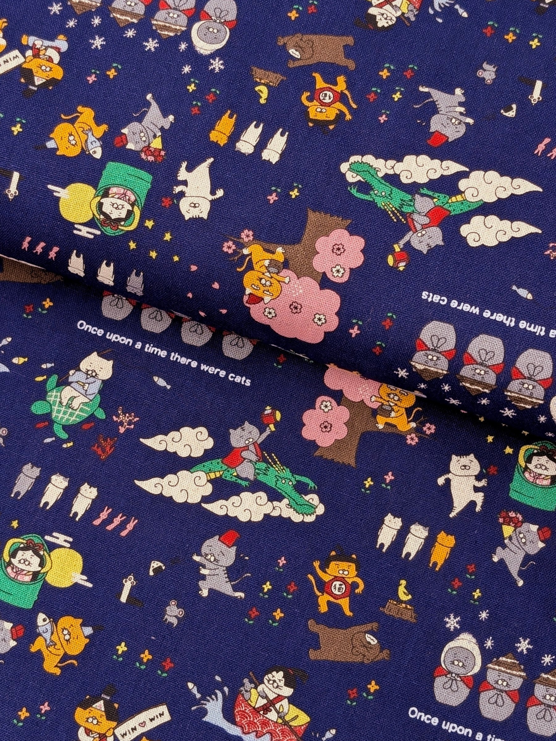 Kobayashi - Neko Folk Tale Cotton Linen Oxford Canvas Fabric - Navy Blue