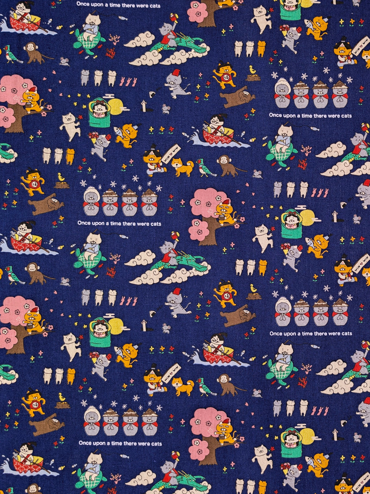 Kobayashi - Neko Folk Tale Cotton Linen Oxford Canvas Fabric - Navy Blue