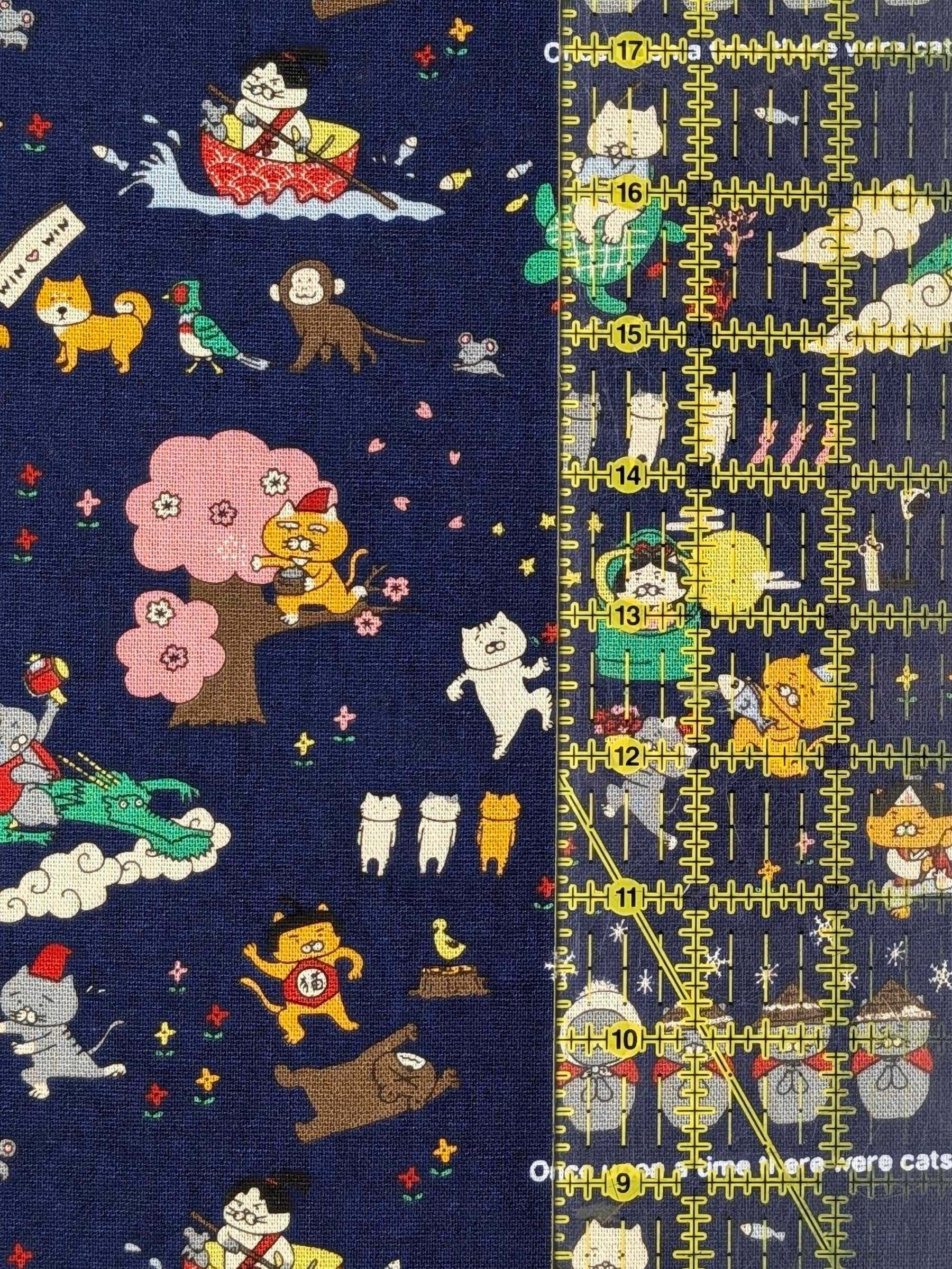 Kobayashi - Neko Folk Tale Cotton Linen Oxford Canvas Fabric - Navy Blue