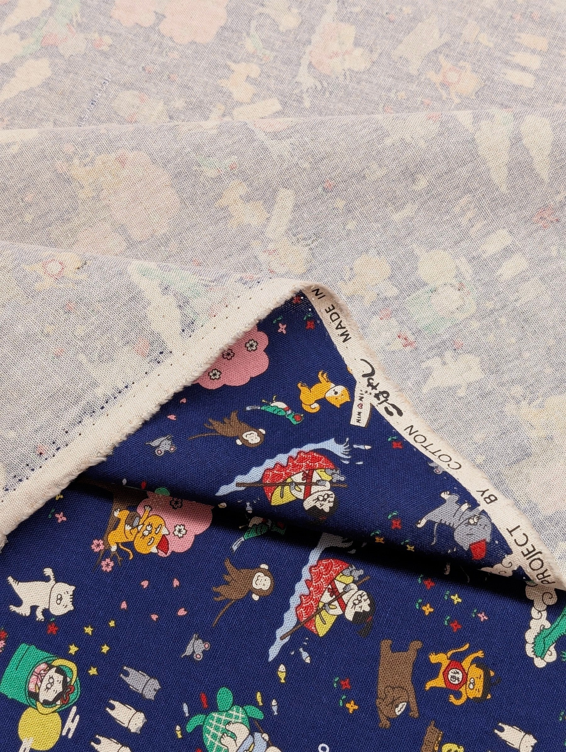 Kobayashi - Neko Folk Tale Cotton Linen Oxford Canvas Fabric - Navy Blue