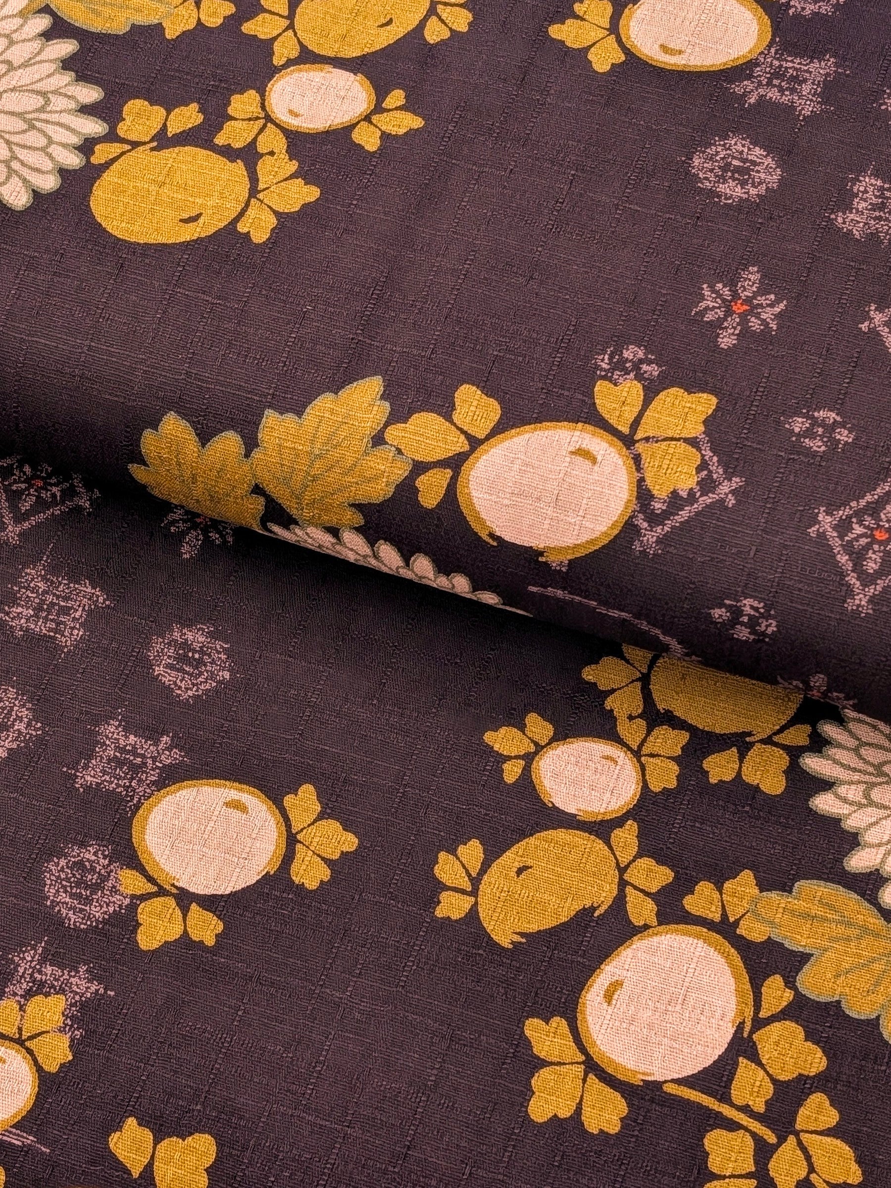 Kobayashi - Chrysanthemums & Patterned Kasumi Cotton Dobby Fabric - Purple