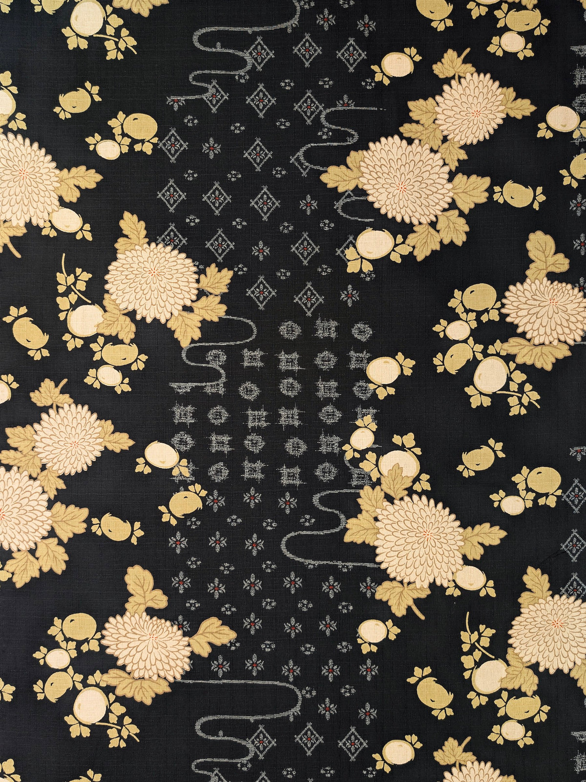 Kobayashi - Chrysanthemums & Patterned Kasumi Cotton Dobby Fabric - Black