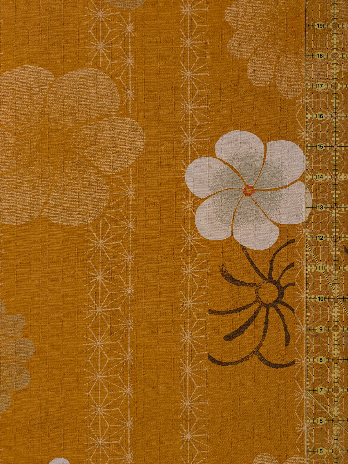 Kobayashi - Asanoha Stripe and Blossoms Cotton Dobby Fabric - Orange