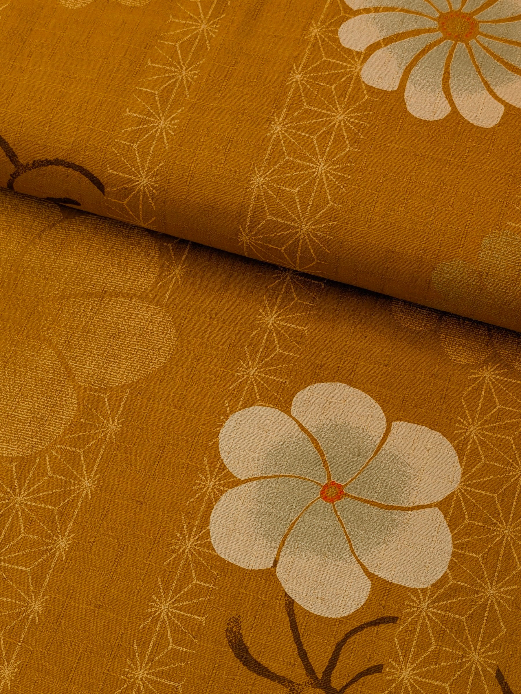 Kobayashi - Asanoha Stripe and Blossoms Cotton Dobby Fabric - Orange