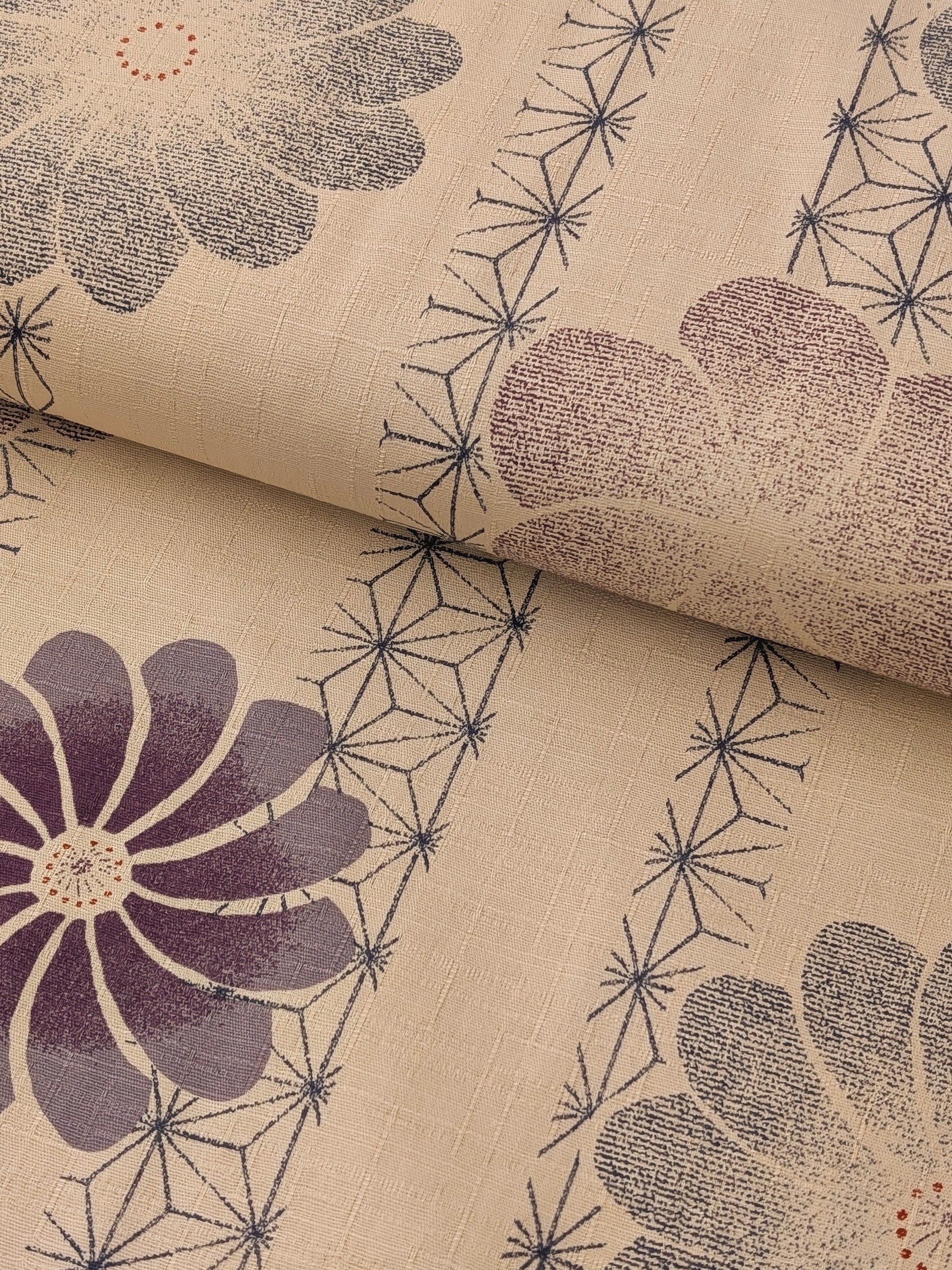 Kobayashi - Asanoha Stripe and Blossoms Cotton Dobby Fabric - Beige