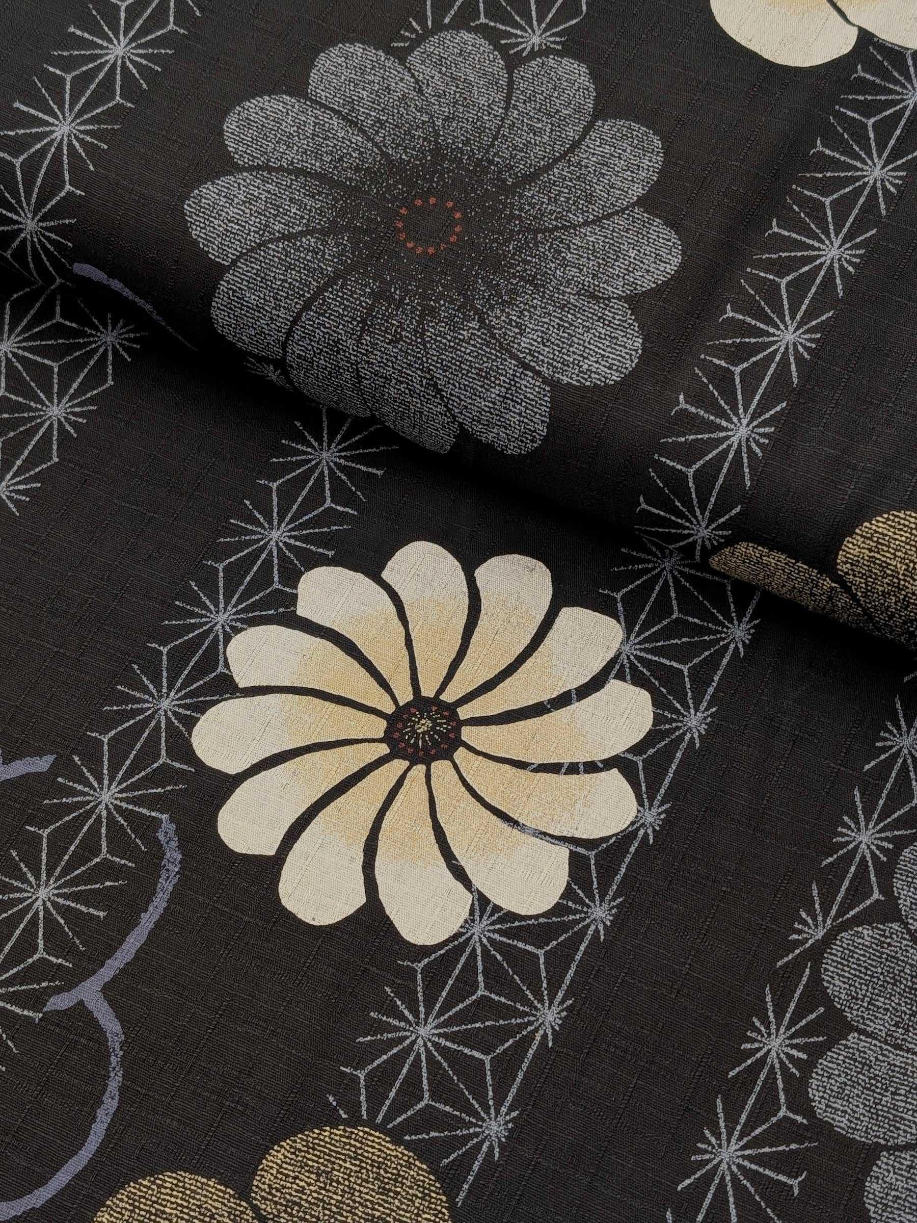 Kobayashi - Asanoha Stripe and Blossoms Cotton Dobby Fabric - Black