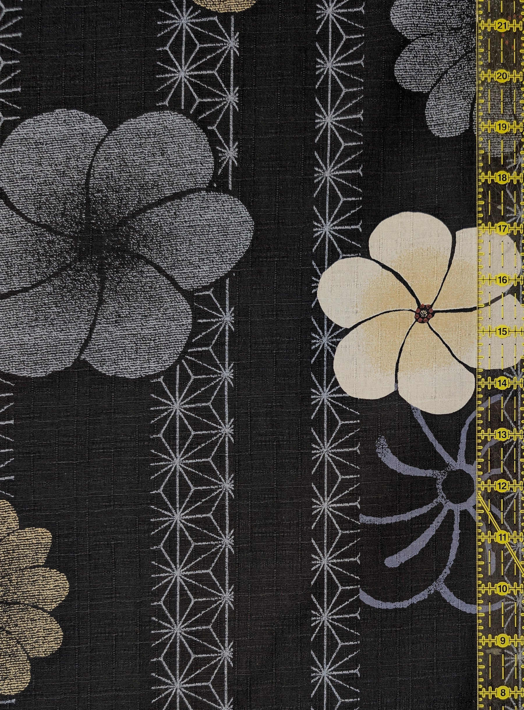 Kobayashi - Asanoha Stripe and Blossoms Cotton Dobby Fabric - Black
