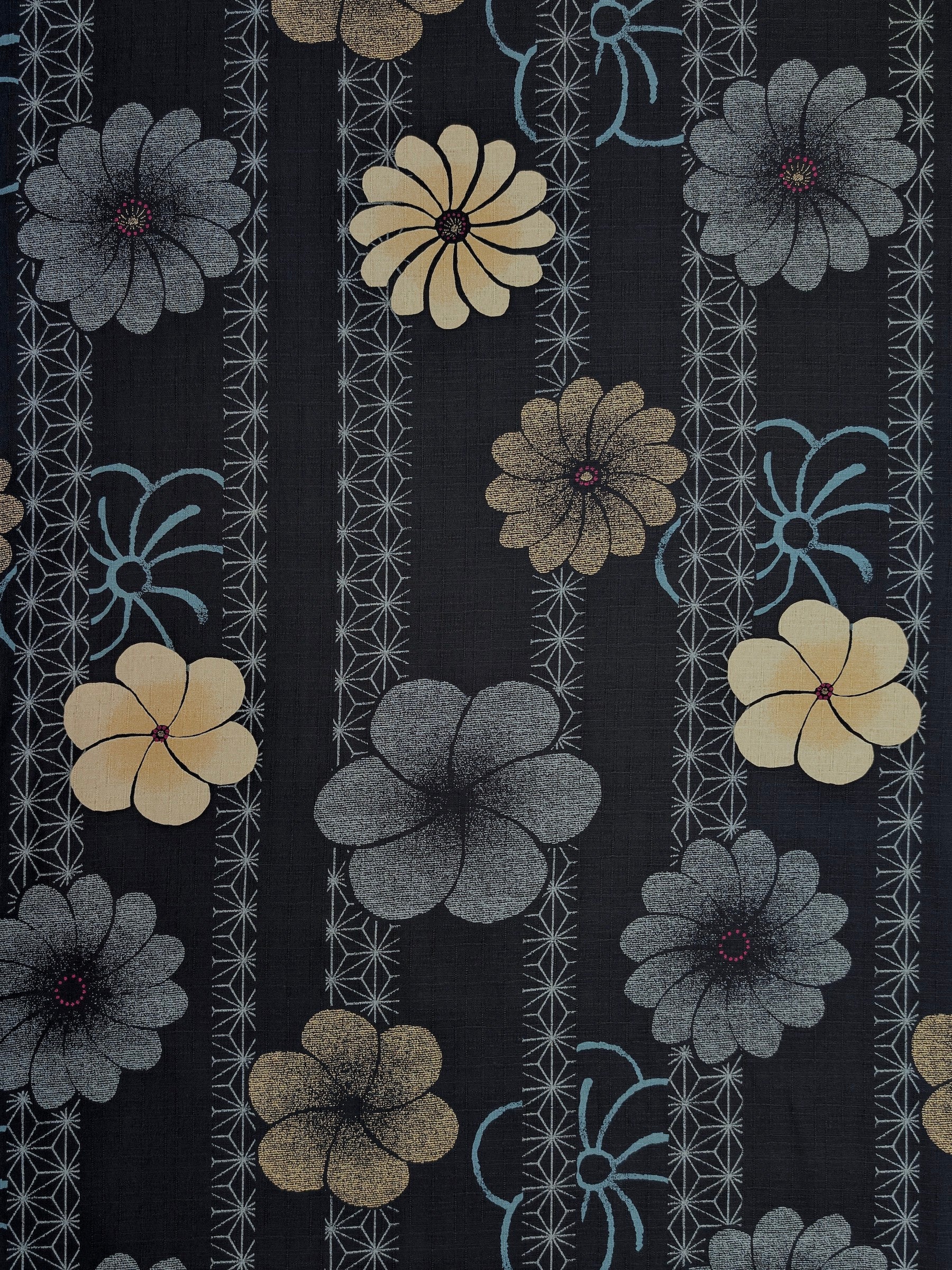 Kobayashi - Asanoha Stripe and Blossoms Cotton Dobby Fabric - Blue
